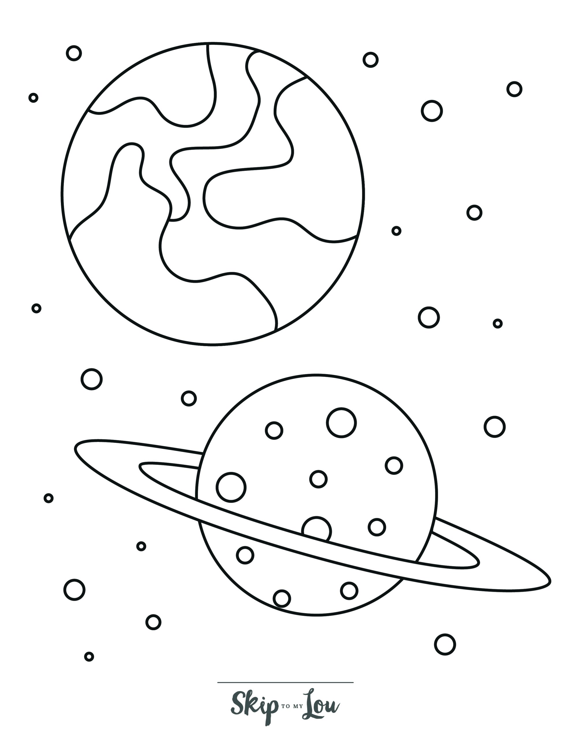 Space Coloring Page 5 - Planet Saturn with ring with other planet, stars in background