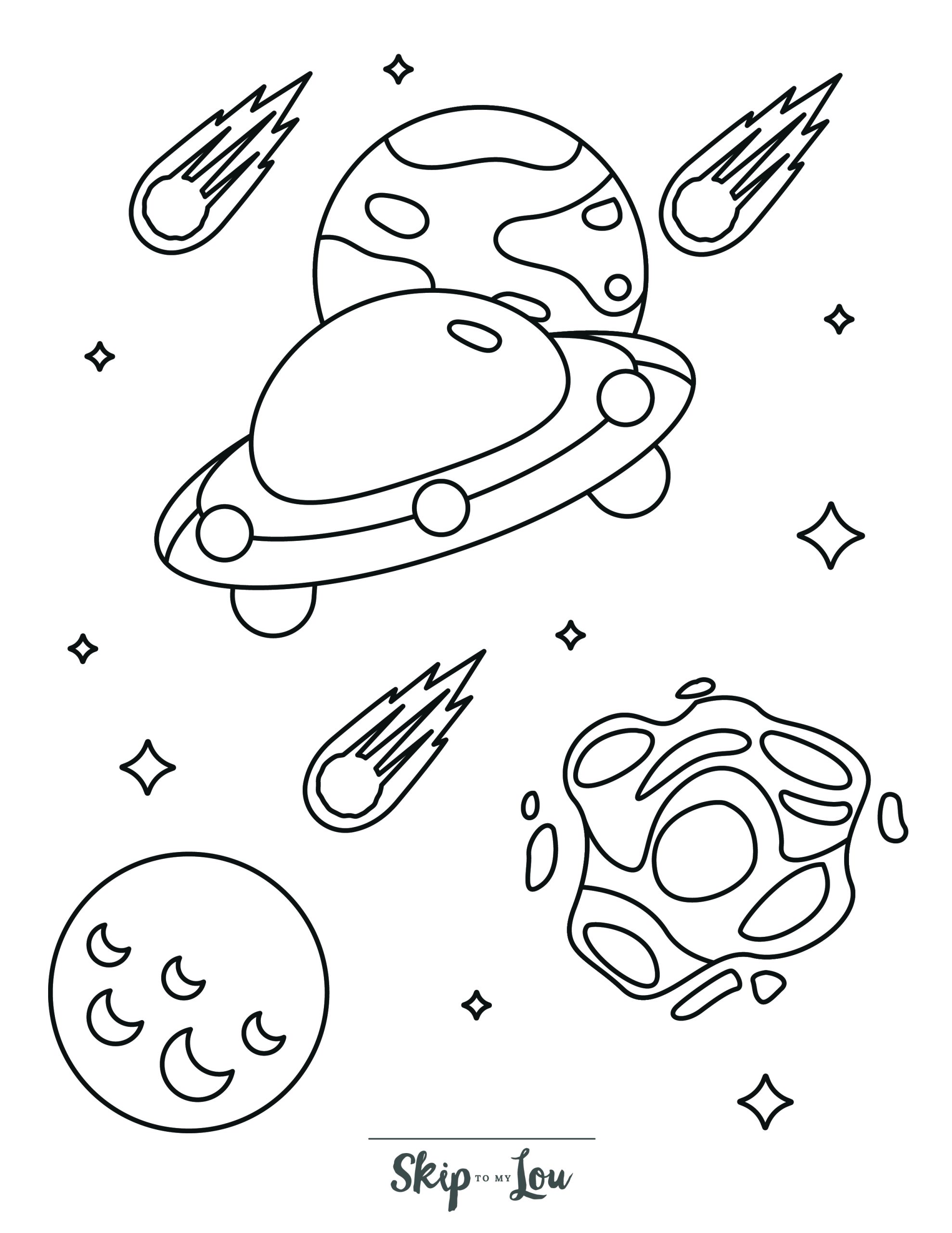 Space Coloring Page 6 - Space scene with spaceship, planets, and shooting stars