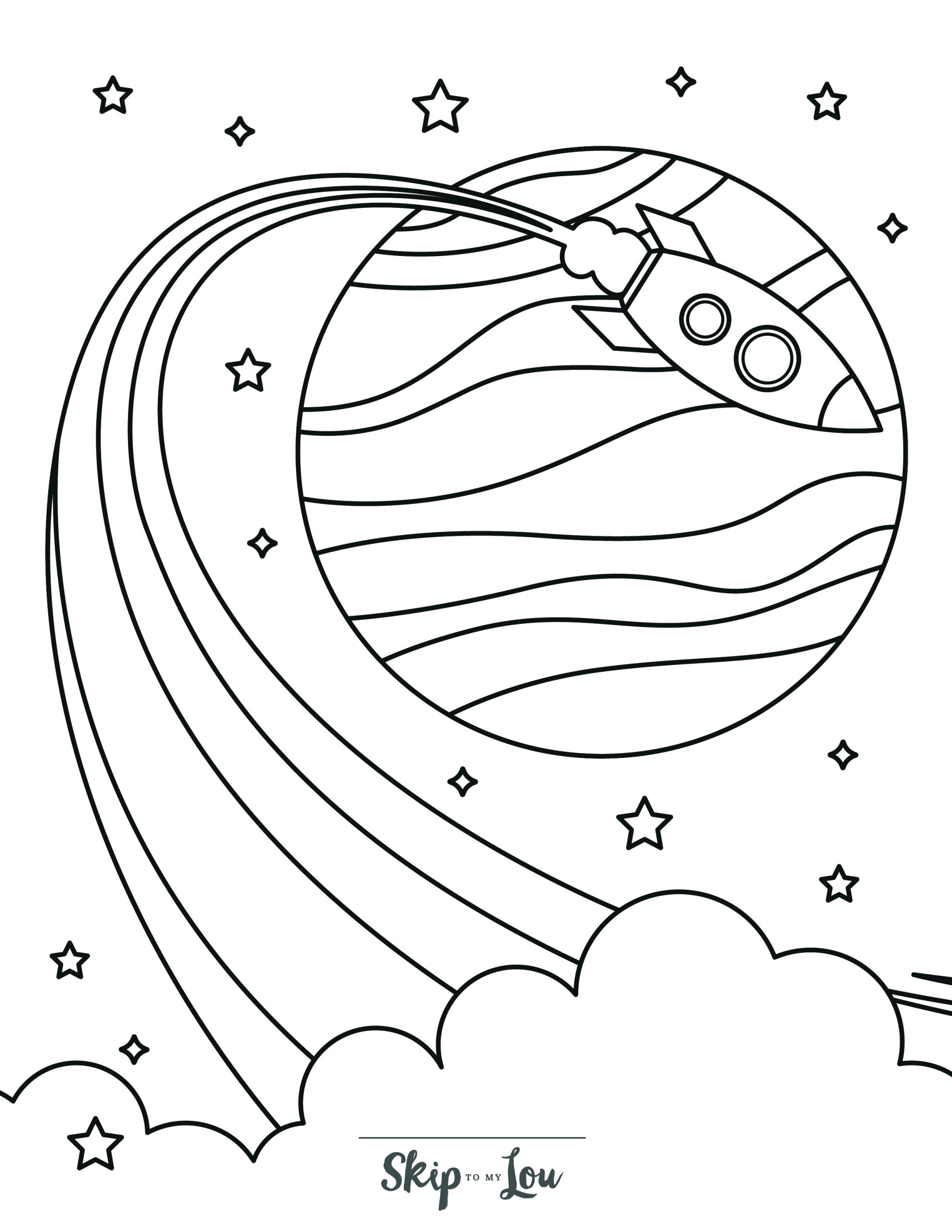 Space Coloring Page 7 - Planet Jupiter with rocket flying across 