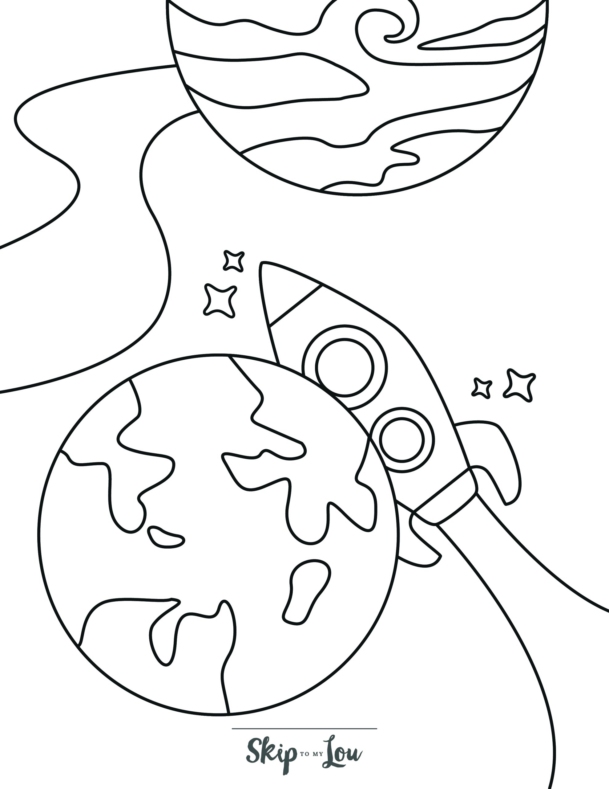 Space Coloring Page 8 - Planet with rocket flying behind