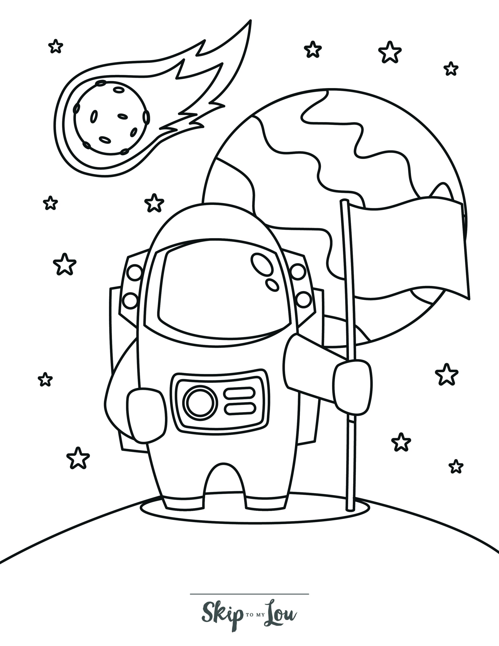 Space Coloring Page 9 - Astronaut planting flag on moon, with planet Earth in background
