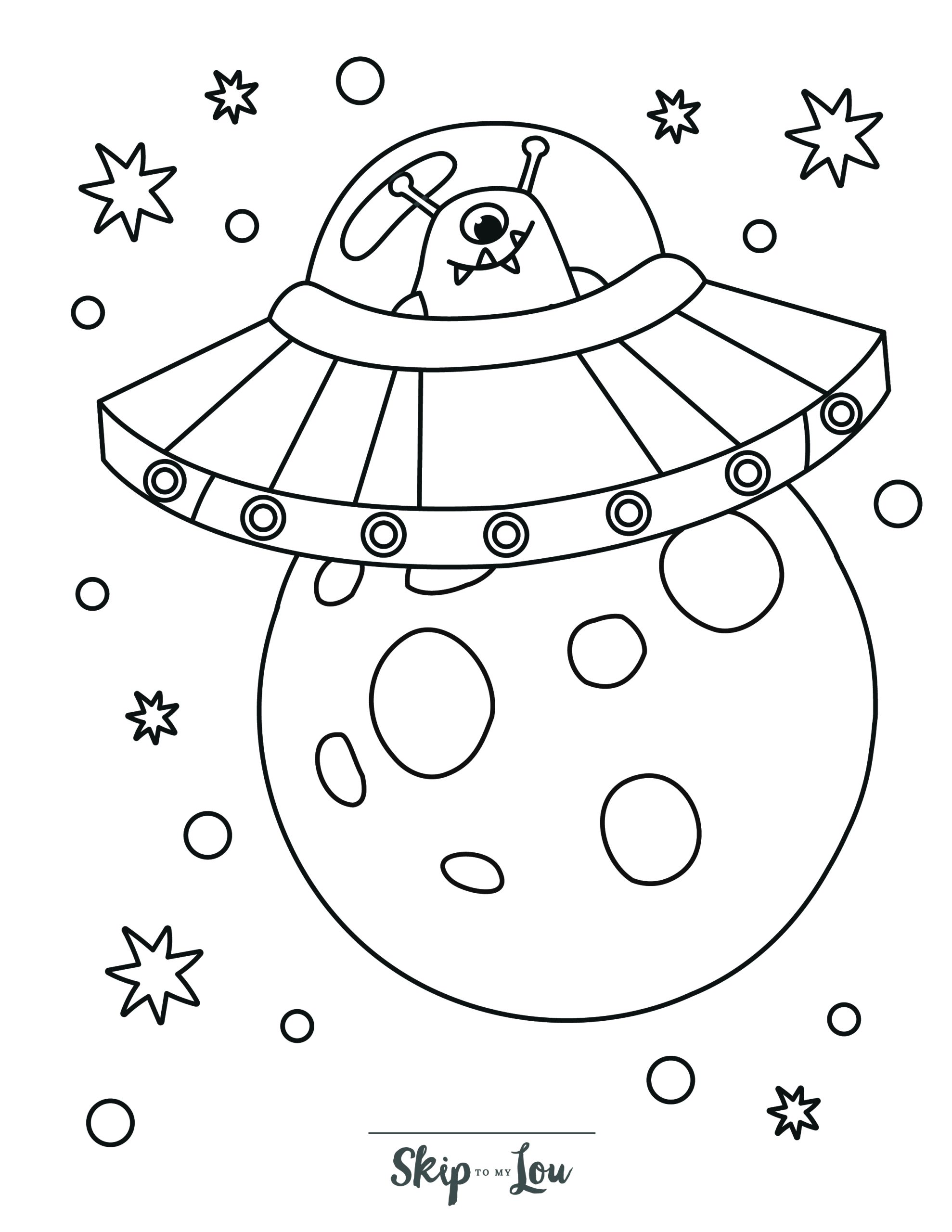 Space Coloring Page 10 - Large spaceship with alien, planet and stars in background