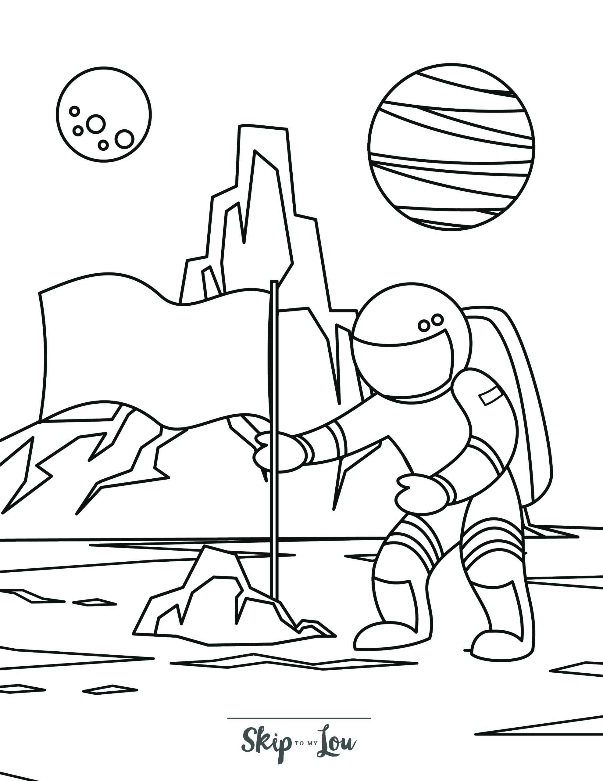 Space Coloring Page 11 - Realistic astronaut planting flag on moon, mountain and planets in background