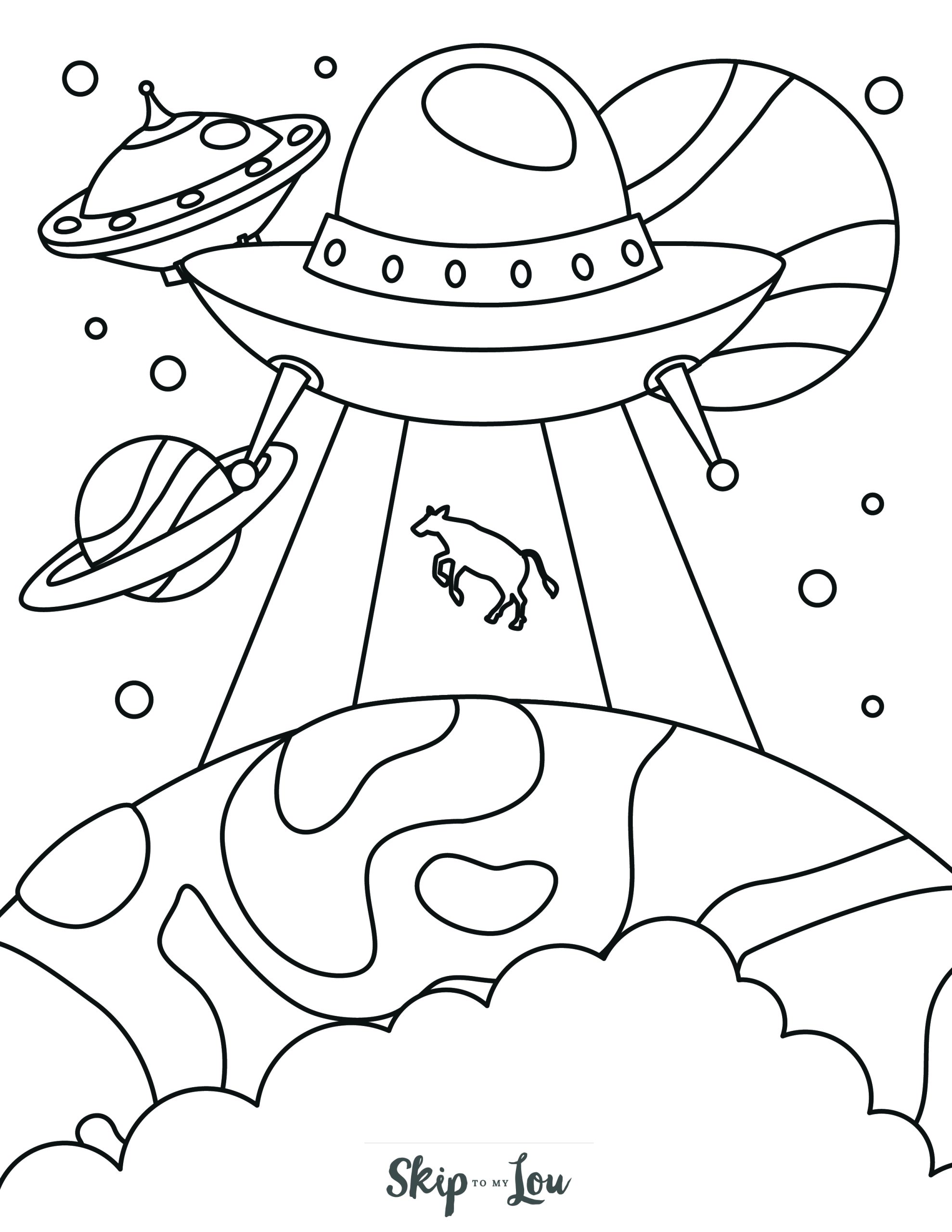 Space Coloring Page 12 - Large UFO spaceship with tractor beam lifting cow up from planet