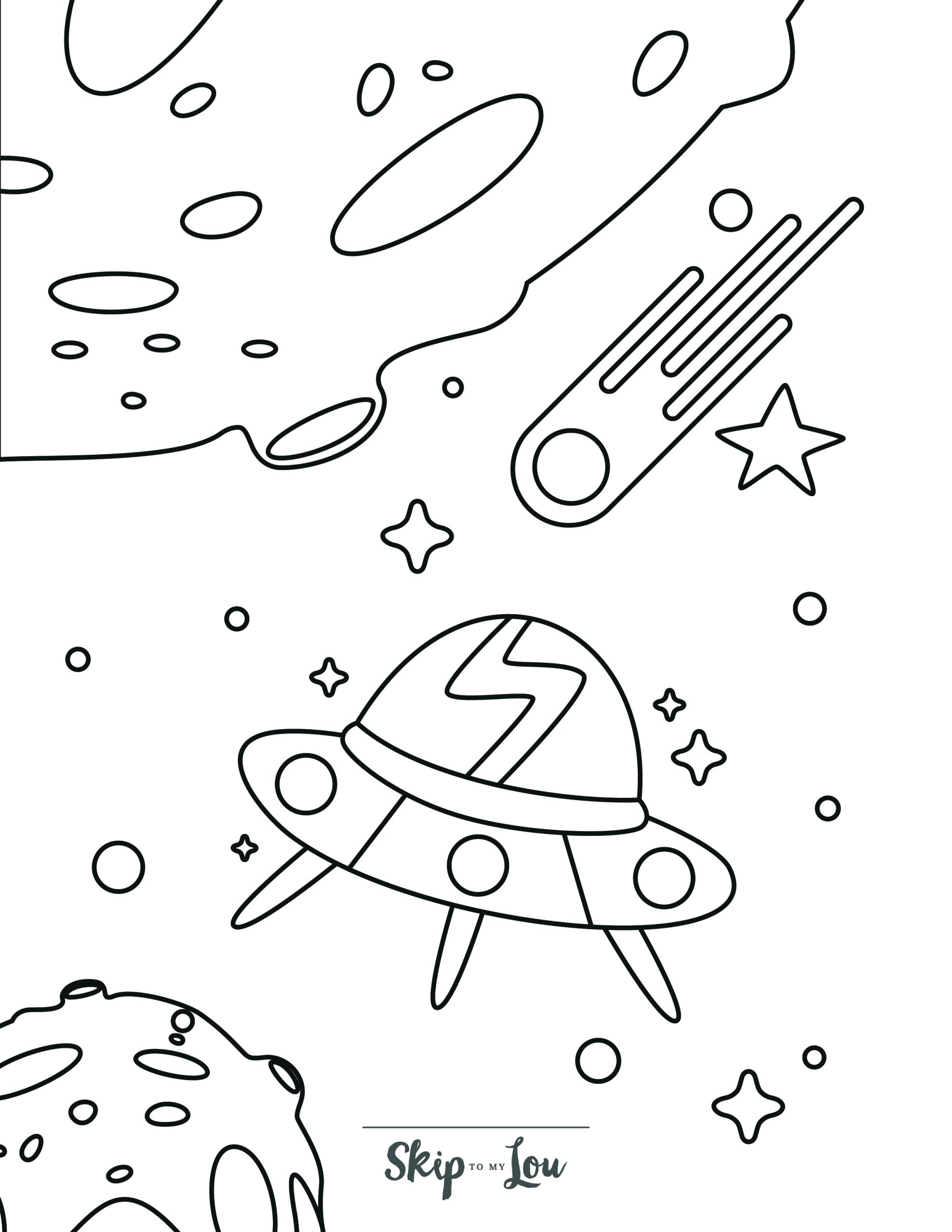 Space Coloring Page 1 - Space scene of UFO with large moon, meteor and stars in background