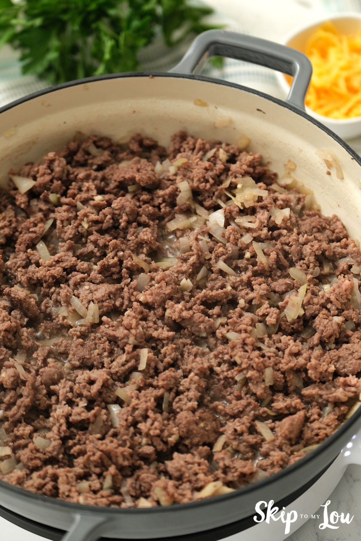Browned chili meat, by Skip to my Lou.