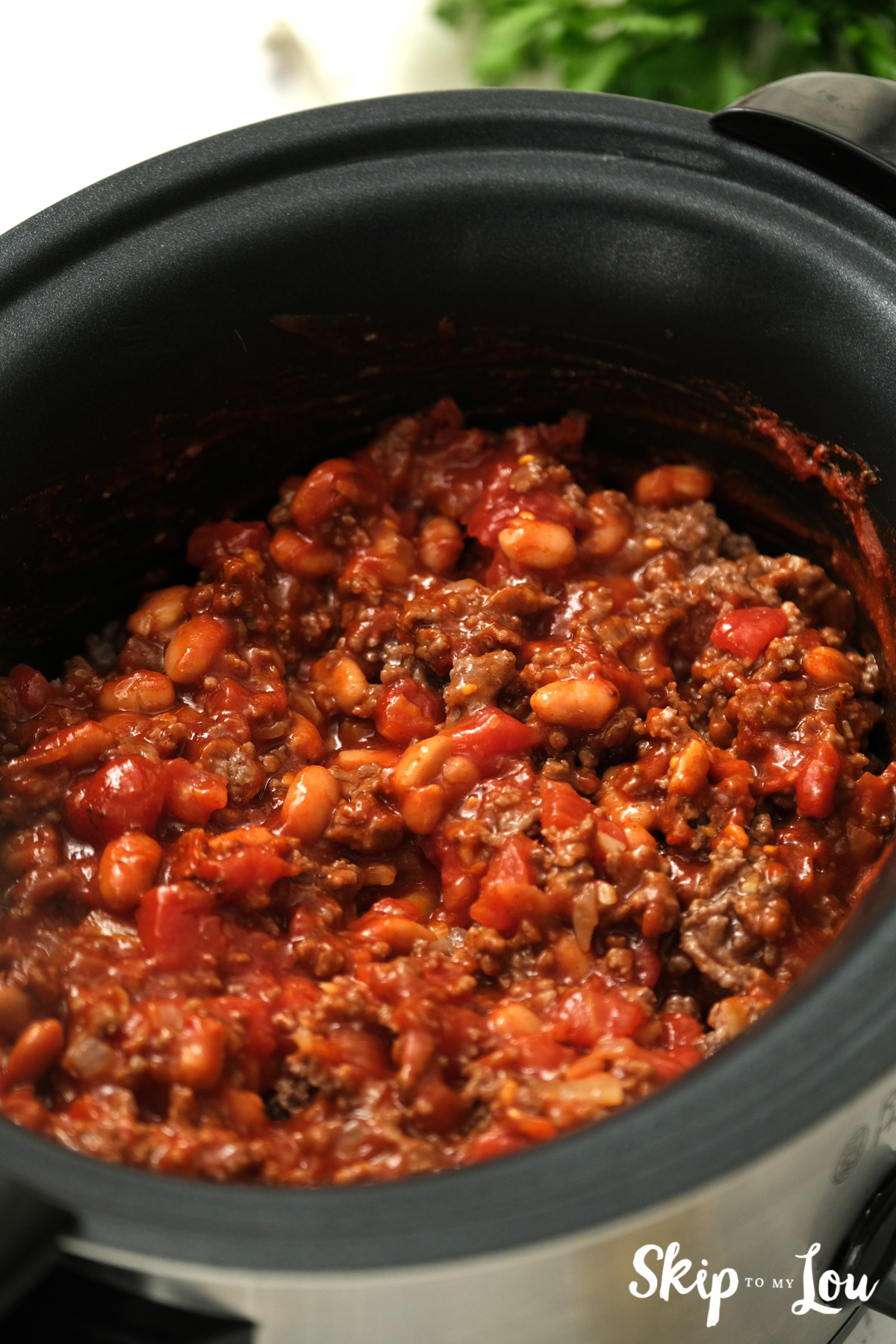 Slow cooker chili ready to eat, by Skip to my Lou.