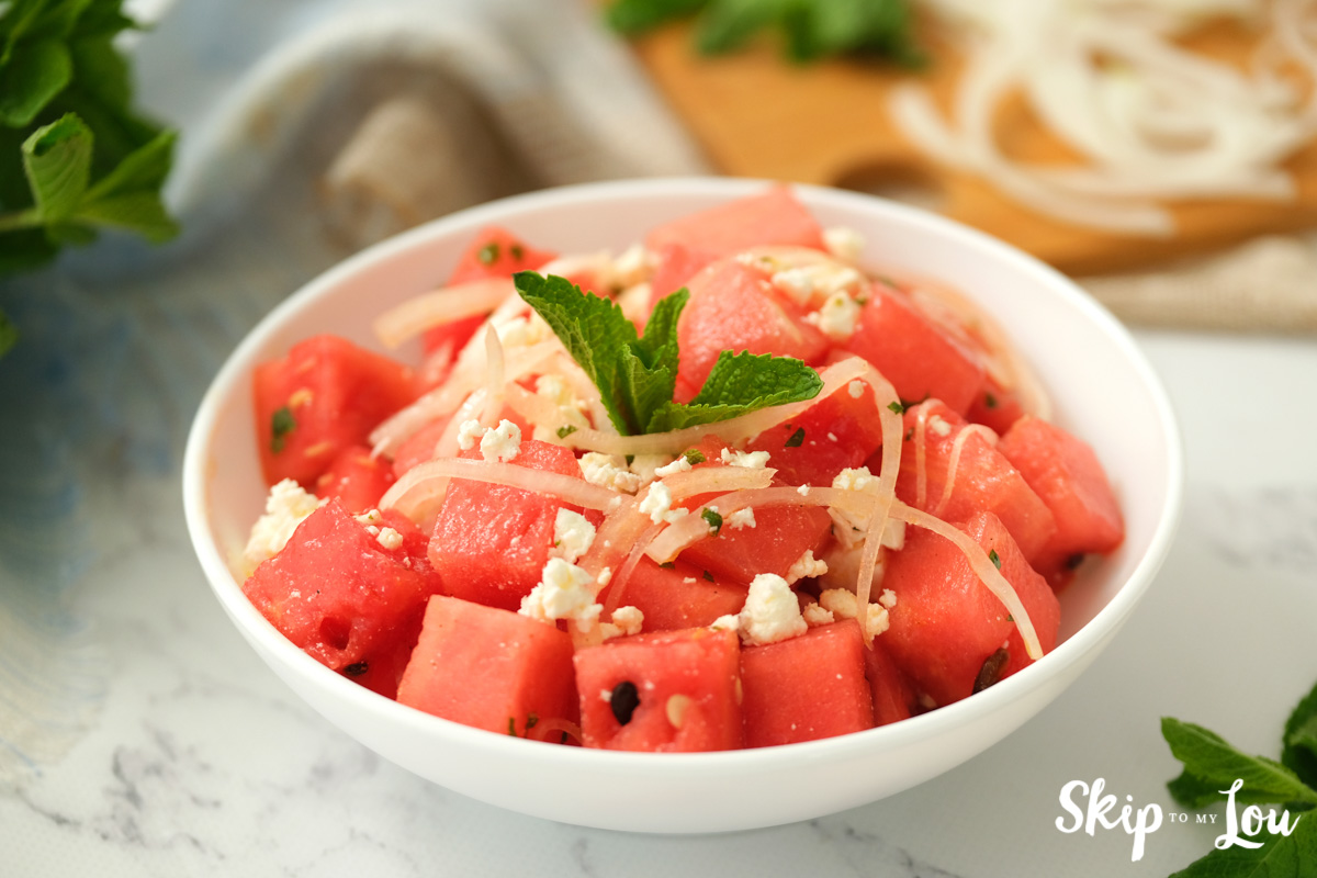 Bowl of Watermelon Salad, by Skip to my Lou.