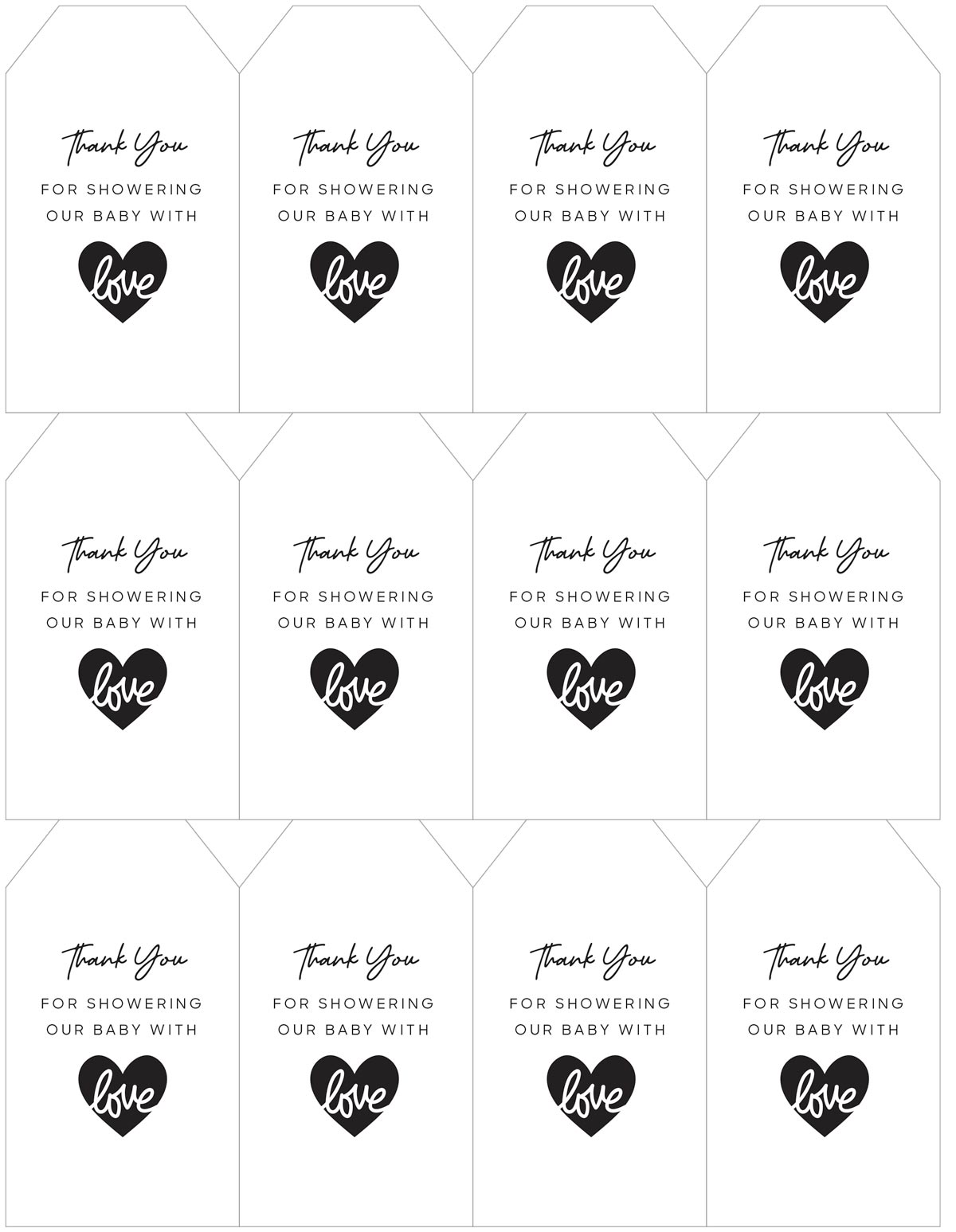 Printable baby shower favor tags in black and white.