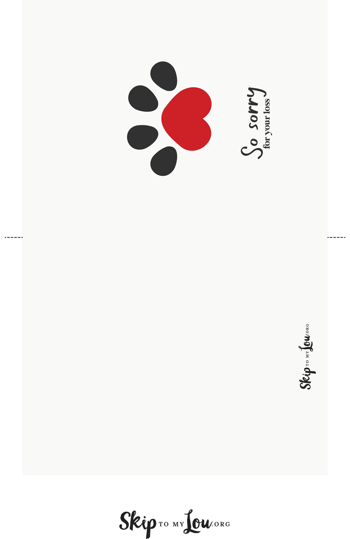 Image shows a pet sympathy card with a heart-shaped paw print and text that says “So sorry for your loss”