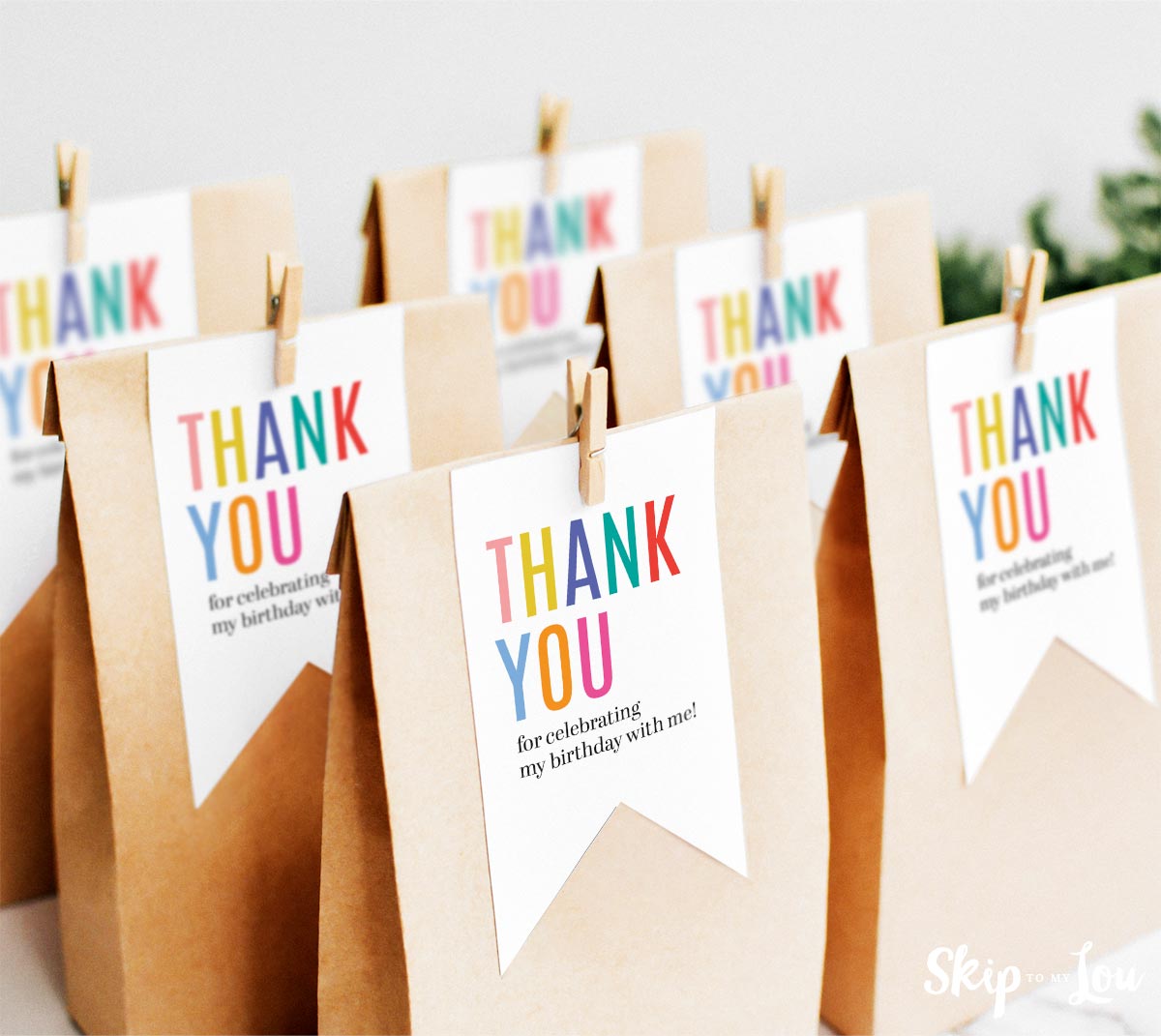 kraft sack with cute thank you for coming to my birthday party clipped to top