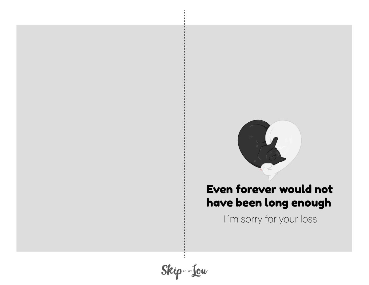 Image shows a cat sympathy card with text "Even forever would not have been long enough I'm sorry for your loss" 