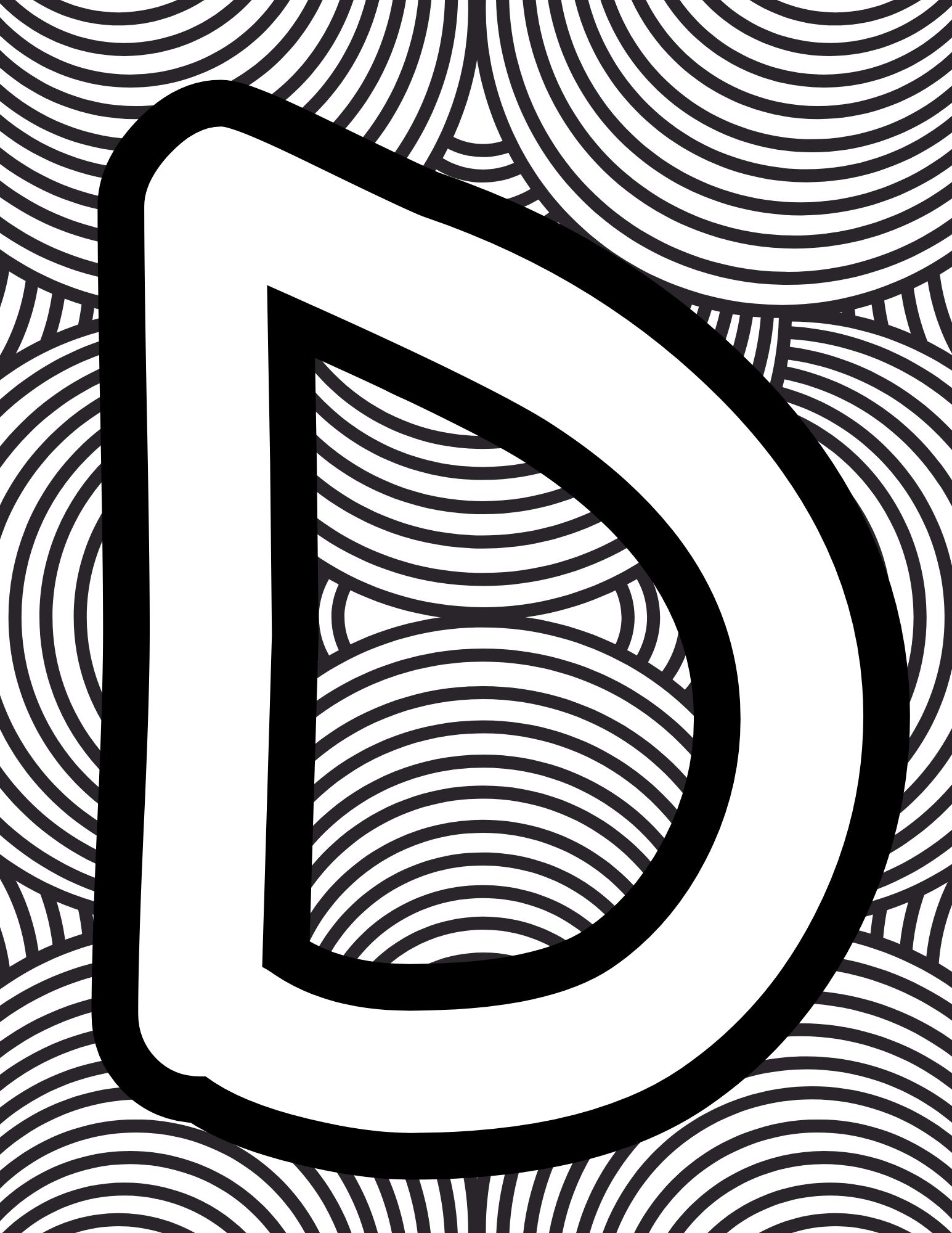Alphabet Coloring Page D - Line drawing of the letter D with patterned background