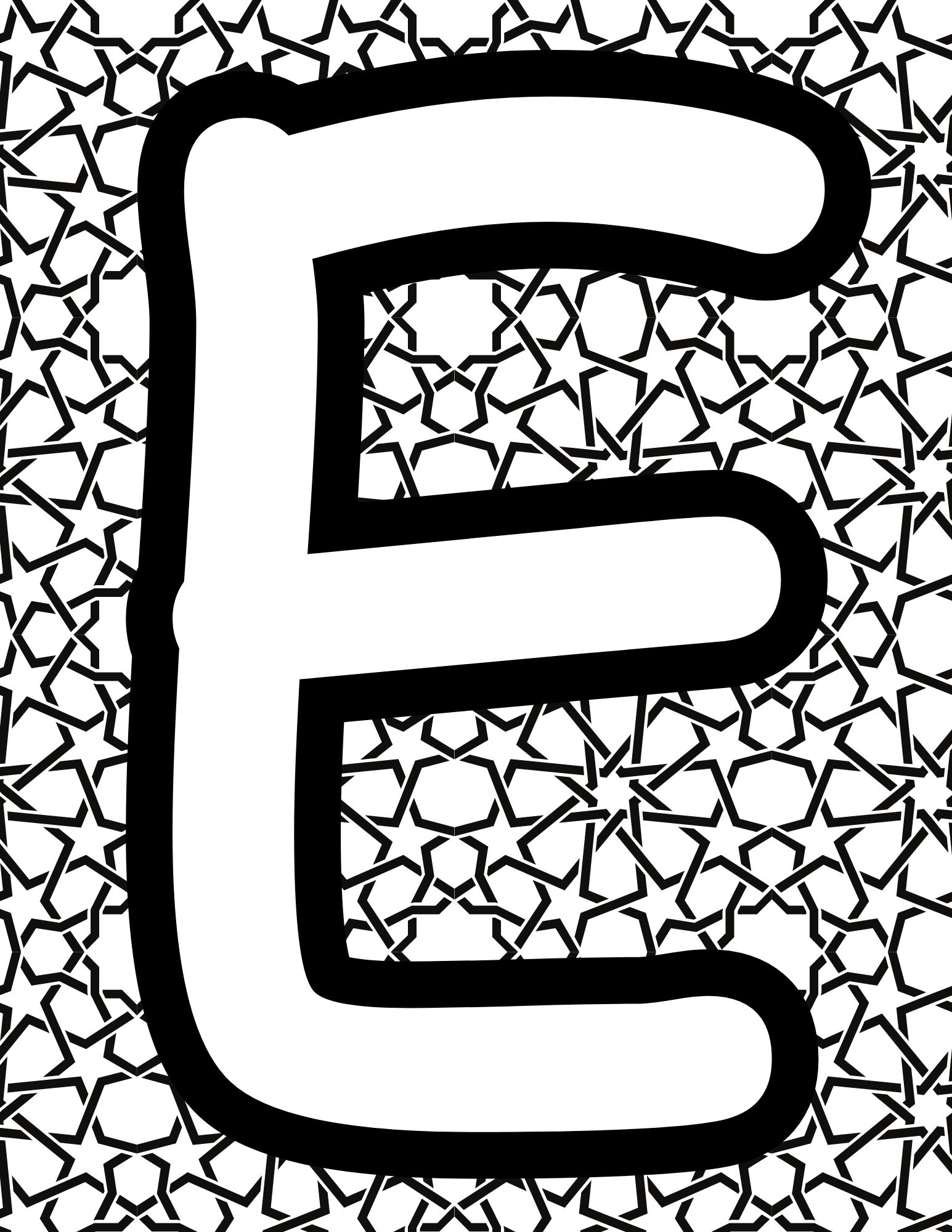 Alphabet Coloring Page E - Line drawing of the letter E with patterned background