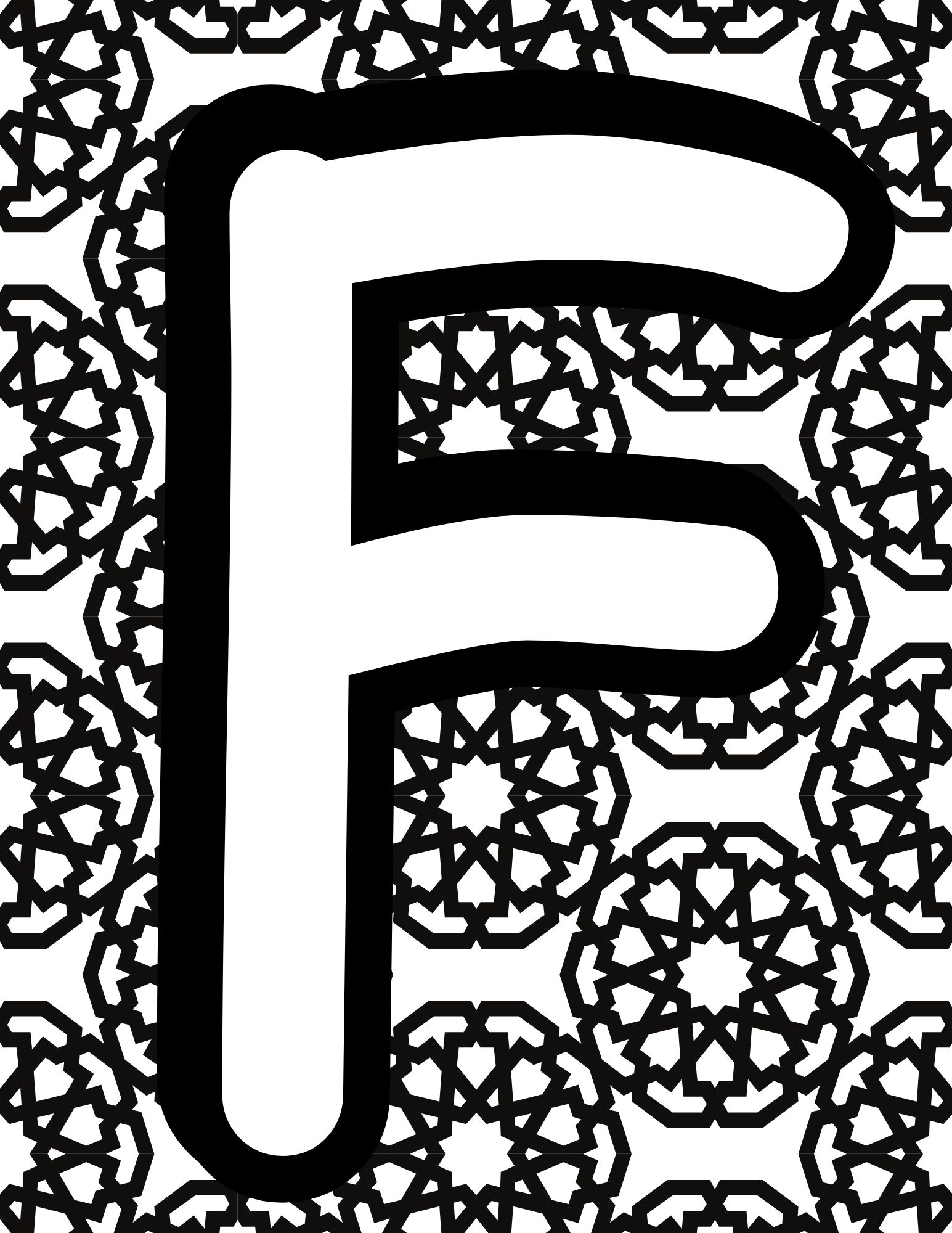 Alphabet Coloring Page F - Line drawing of the letter F with patterned background