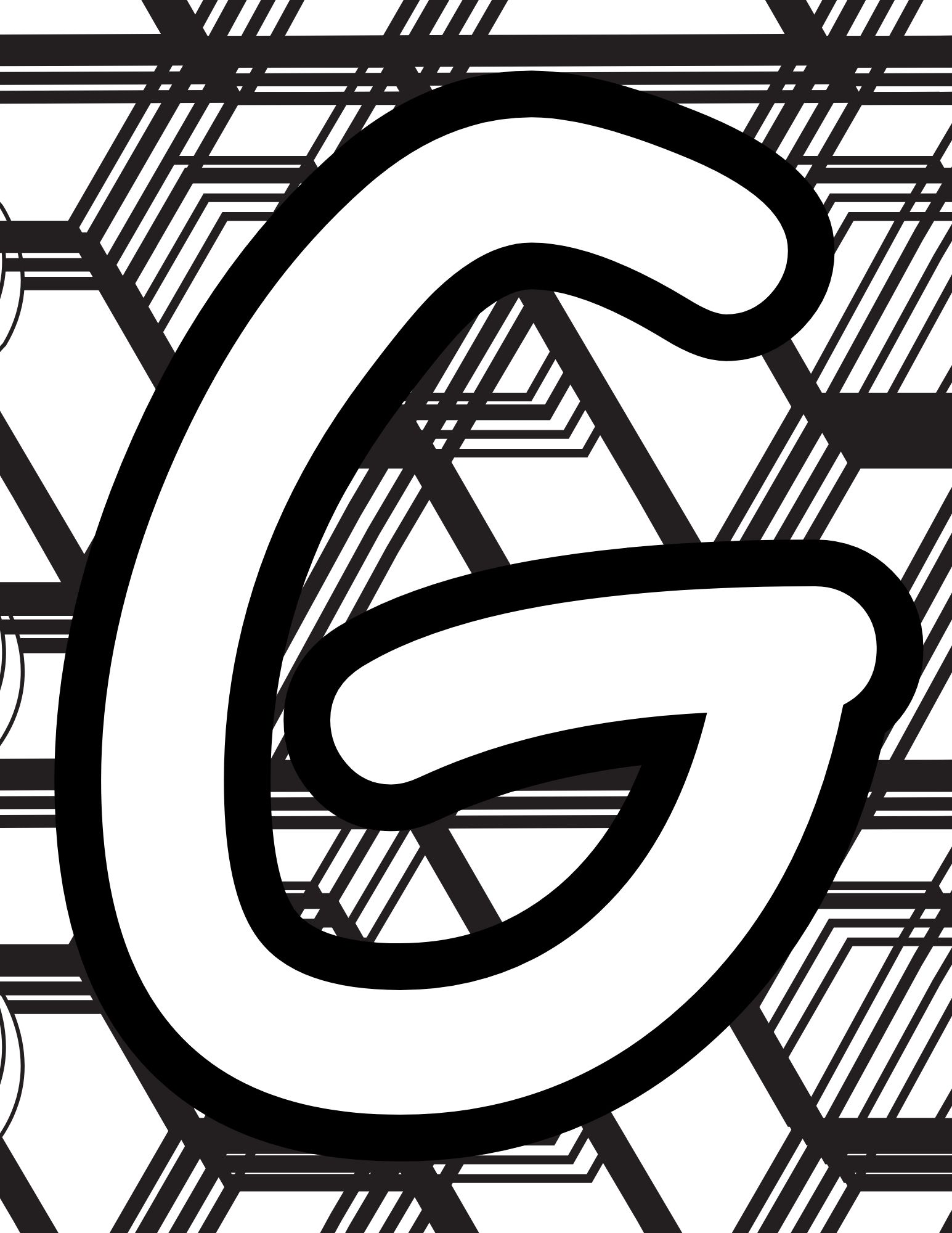 Alphabet Coloring Page G - Line drawing of the letter G with patterned background