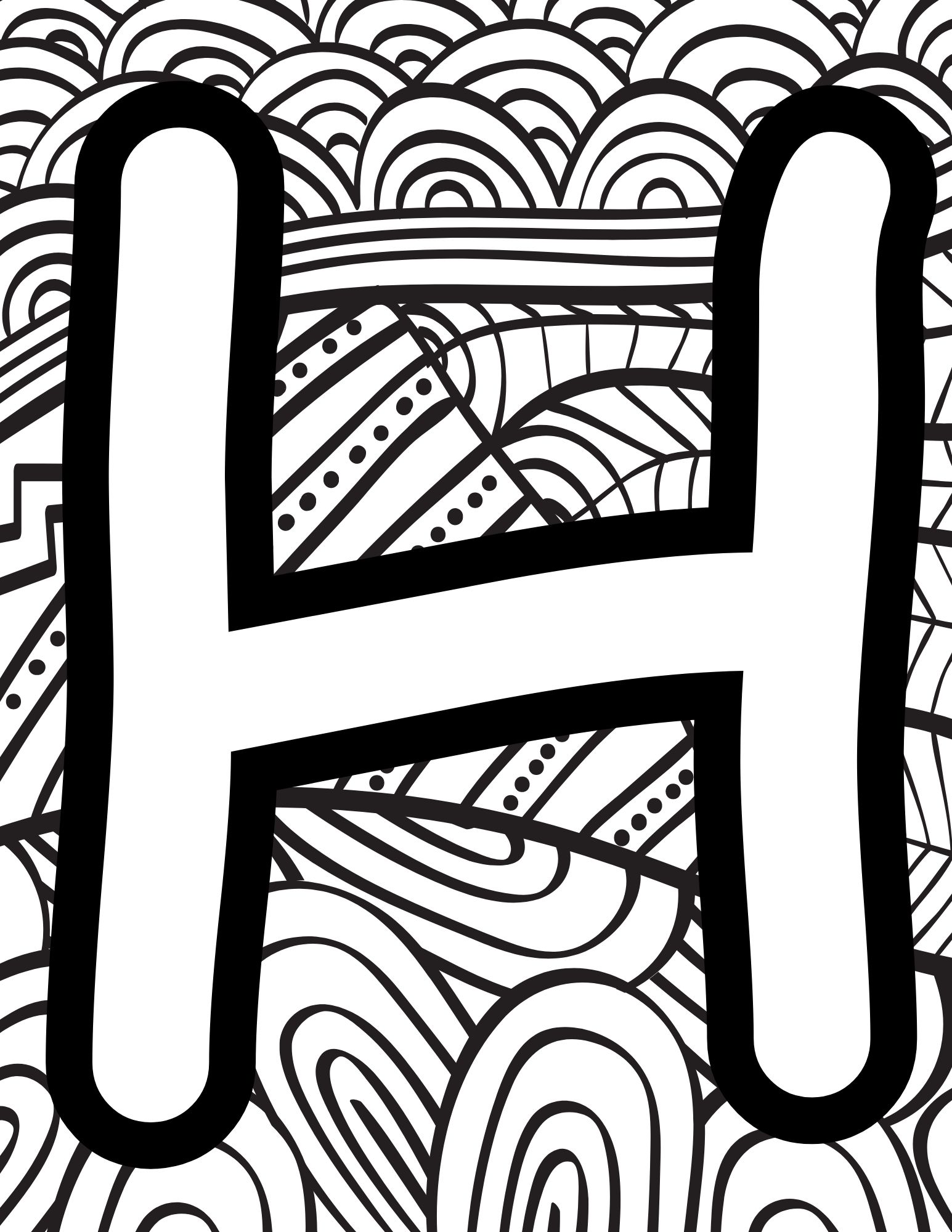 Alphabet Coloring Page H - Line drawing of the letter H with patterned background