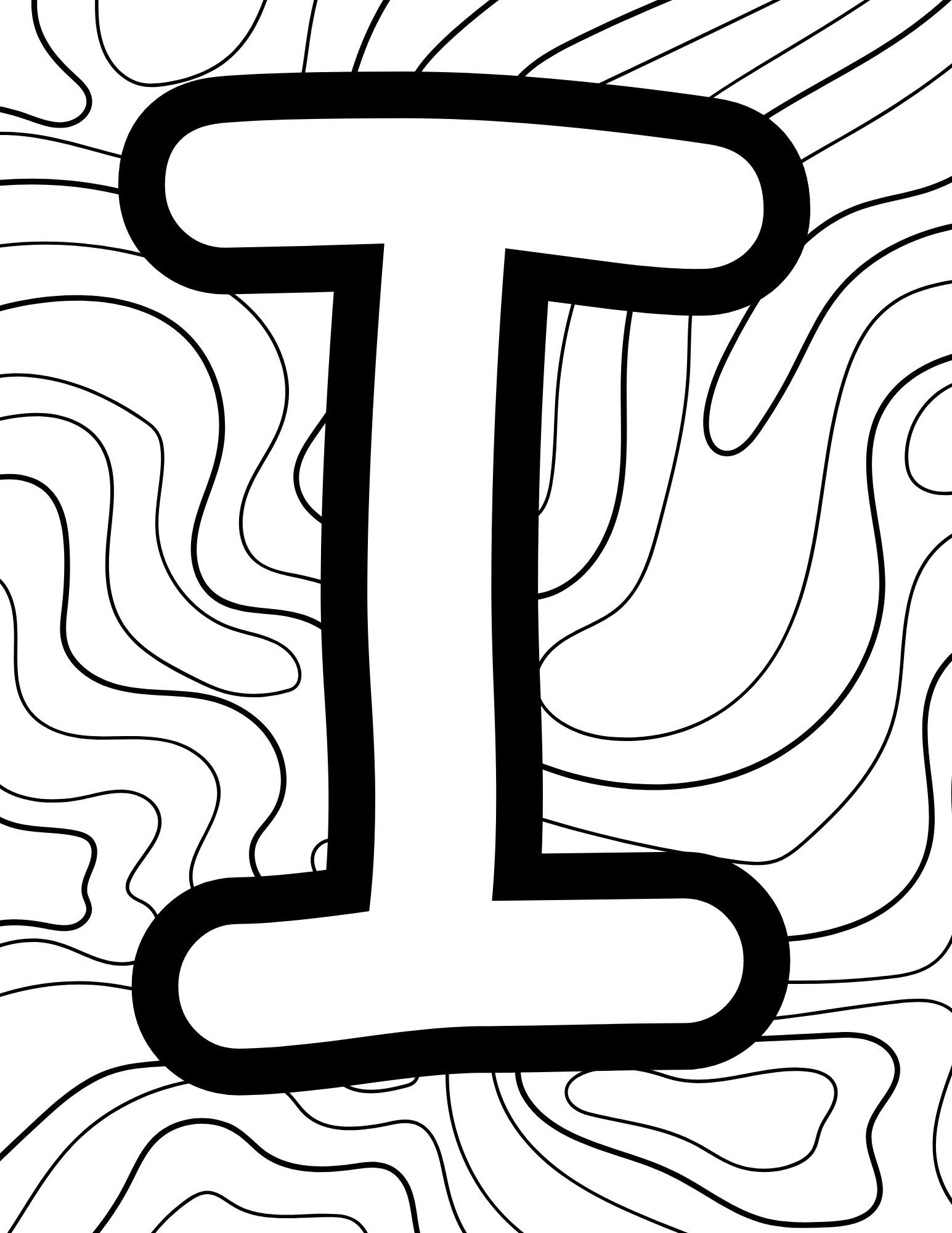 Alphabet Coloring Page I - Line drawing of the letter I with patterned background
