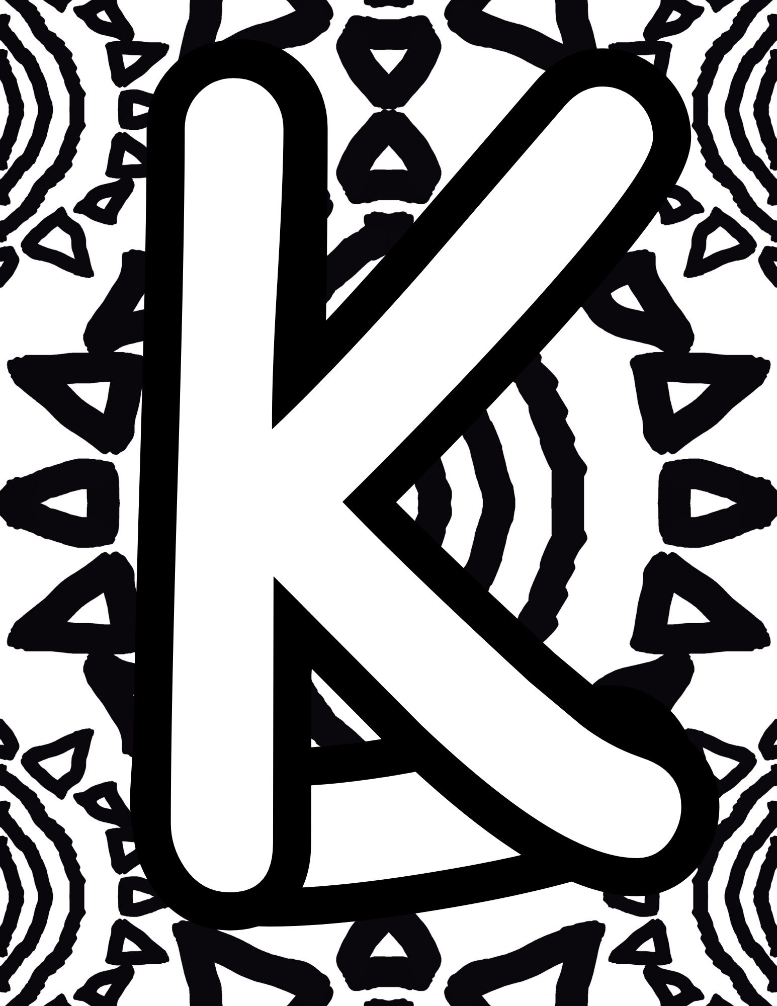 Alphabet Coloring Page K - Line drawing of the letter K with patterned background