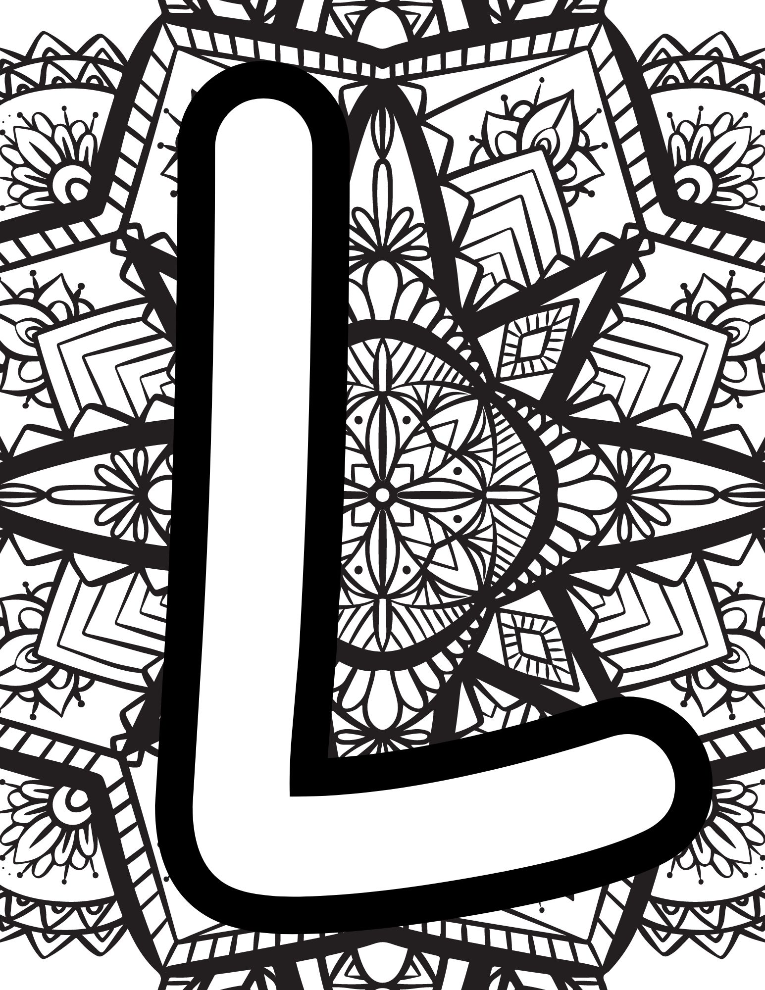 Alphabet Coloring Page L - Line drawing of the letter L with patterned background