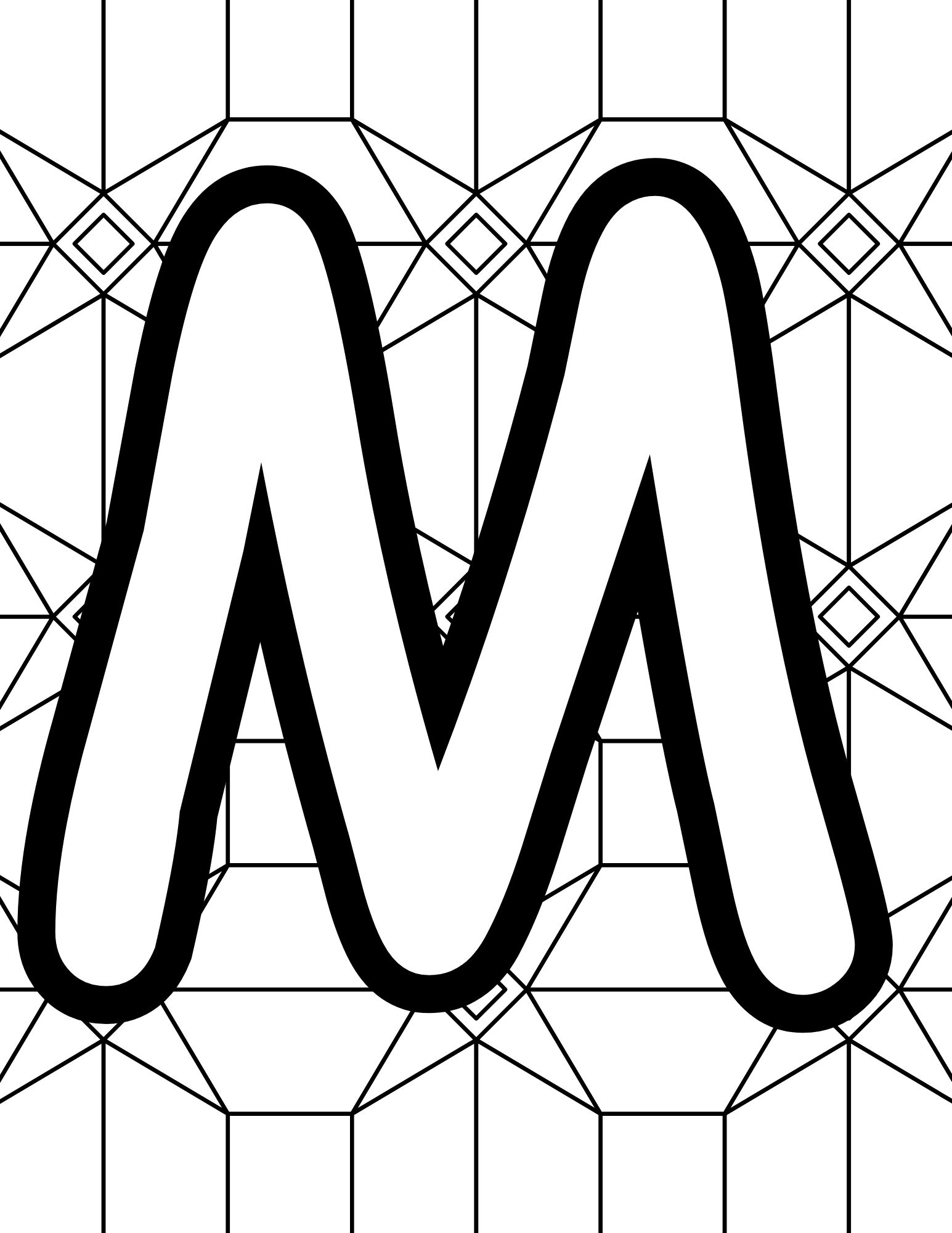 Alphabet Coloring Page M - Line drawing of the letter M with patterned background