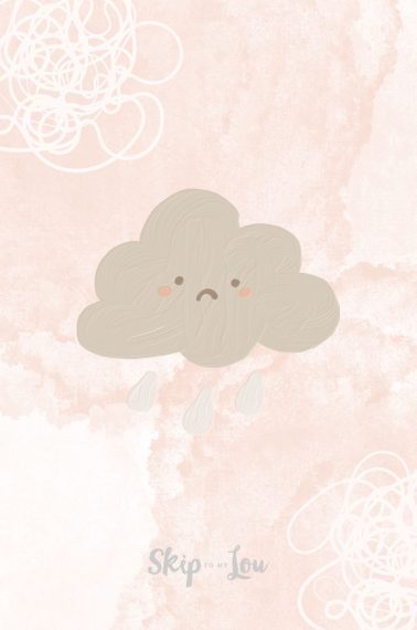 Image shows a drawing of a colorless cloud with a sad face, on top of a pink marble background. From Skip to my Lou