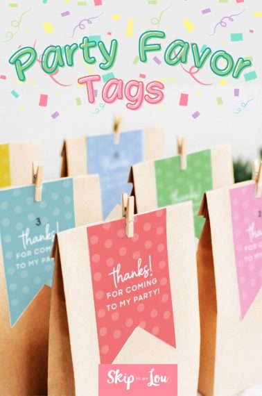 Image shows a set of printed party tags in different colors.