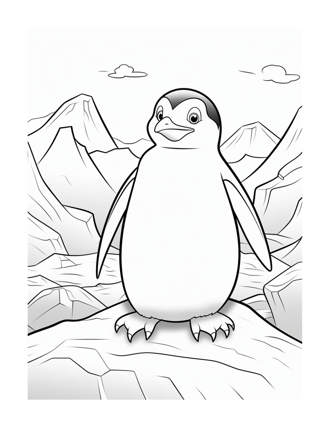 Penguin Coloring Page 12 - Line drawing of penguin with mountains in background