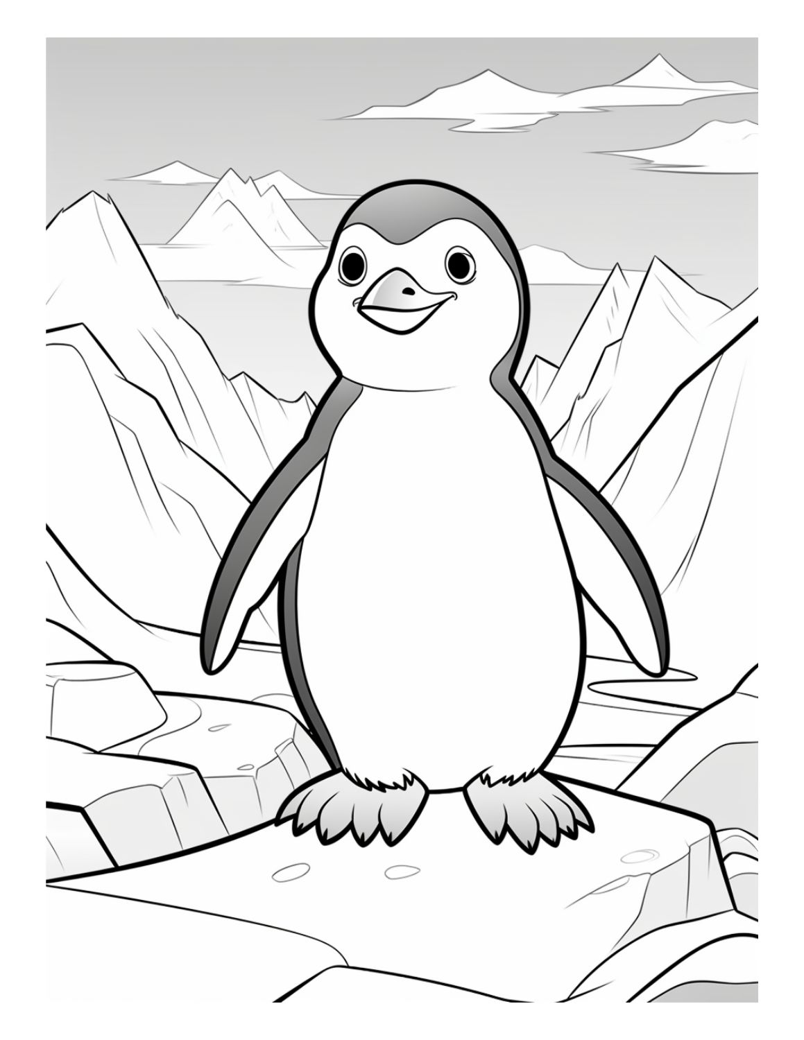 Penguin Coloring Page 14 - Line drawing of short cute penguin standing with mountains in background