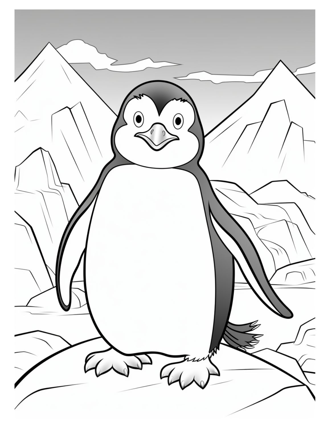 Penguin Coloring Page 15 - Line drawing of large penguin with grey head and wings with mountains in background