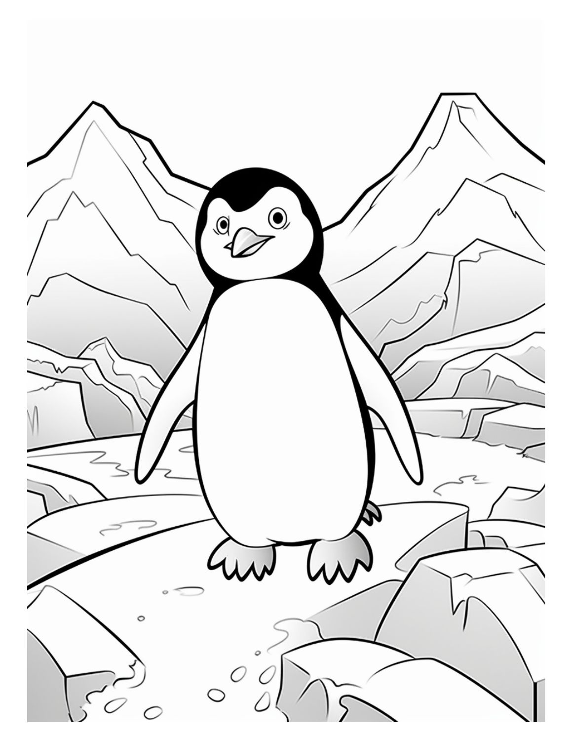 Penguin Coloring Page 16 - Line drawing of cute penguin standing on ice with mountains in background