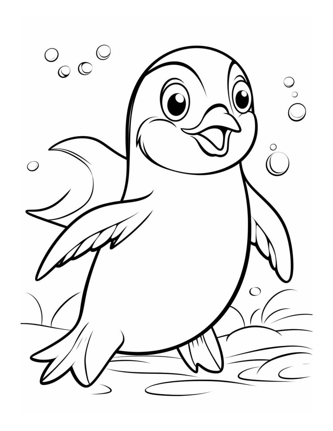 Penguin Coloring Page 17 - Simple line drawing of a penguin swimming underwater