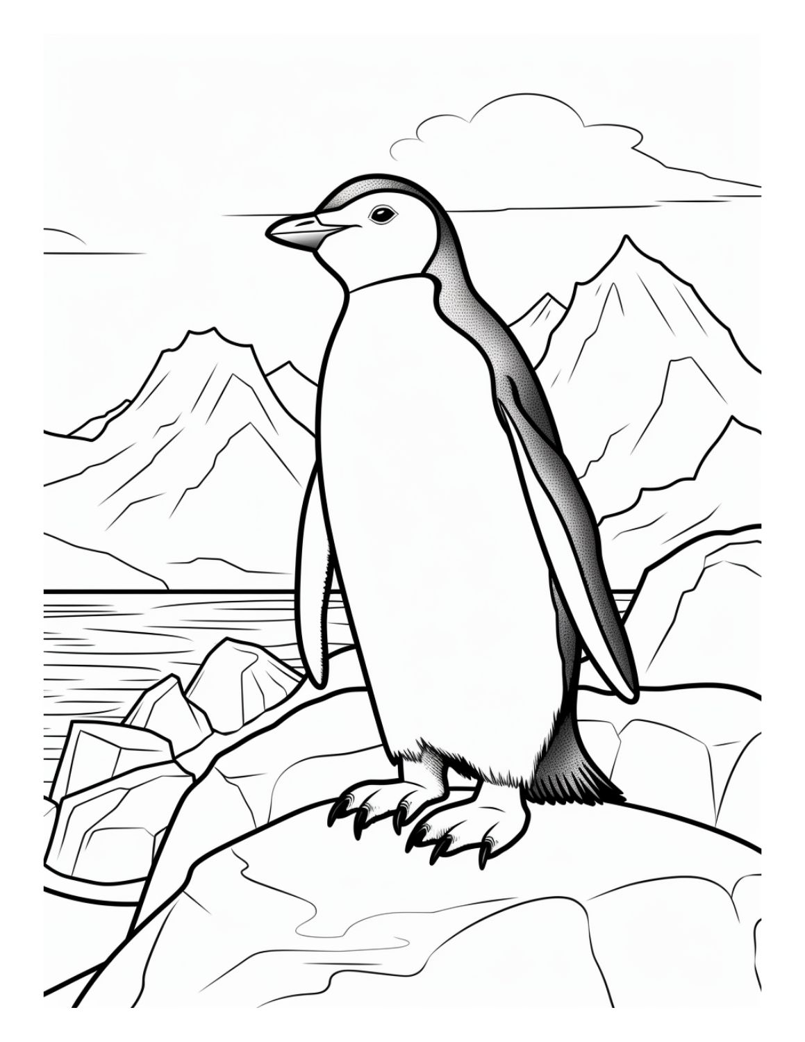 Penguin Coloring Page 18 - Realistic line drawing of a tall penguin standing on ice with mountains and water in background