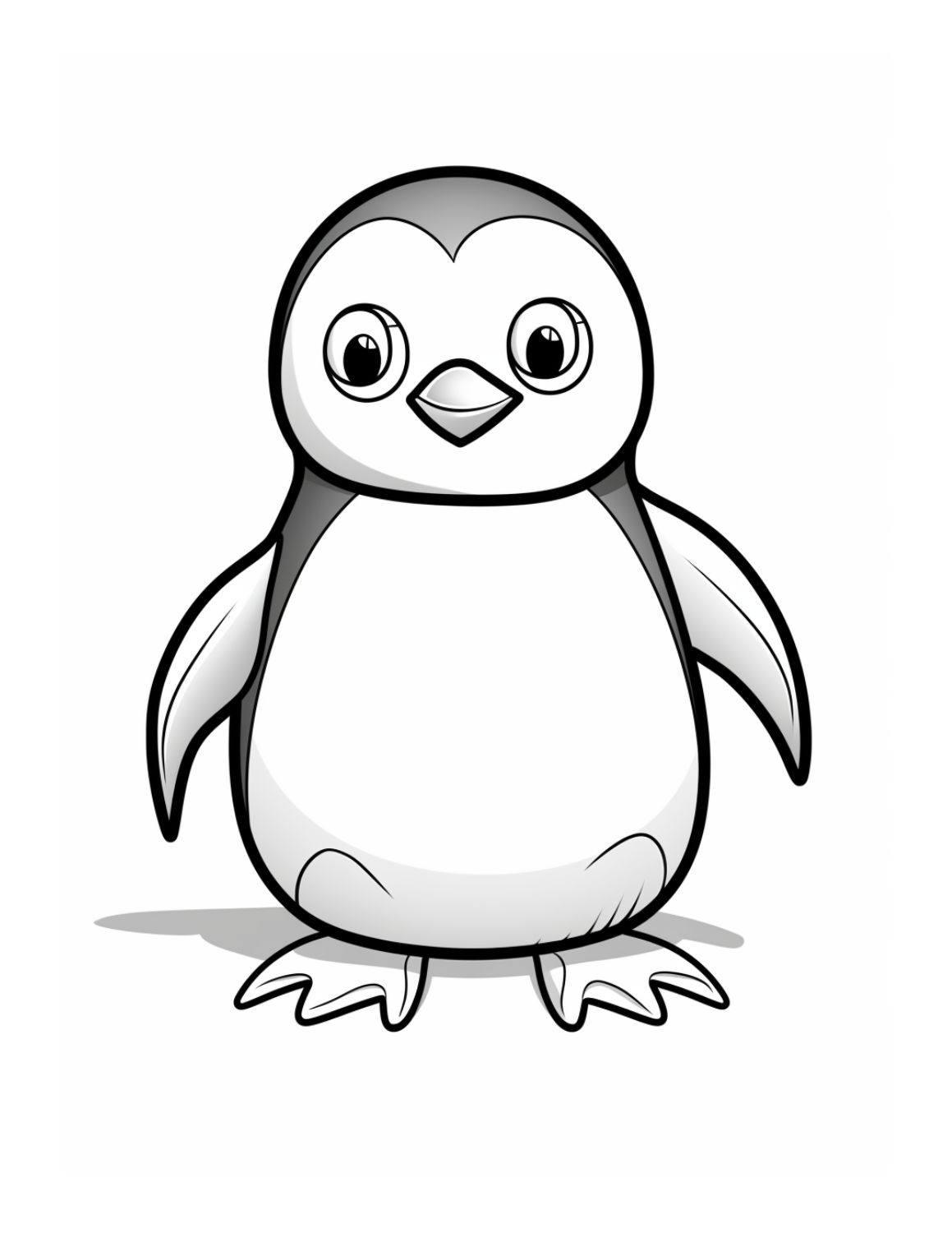 Penguin Coloring Page 20 - Line drawing of short round penguin with grey shading