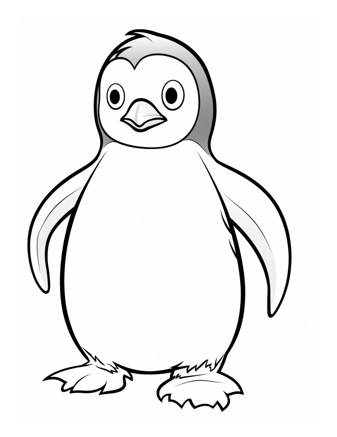 Penguin Coloring Page 7 - Simple line drawing of medium-height penguin with grey shaded head patch