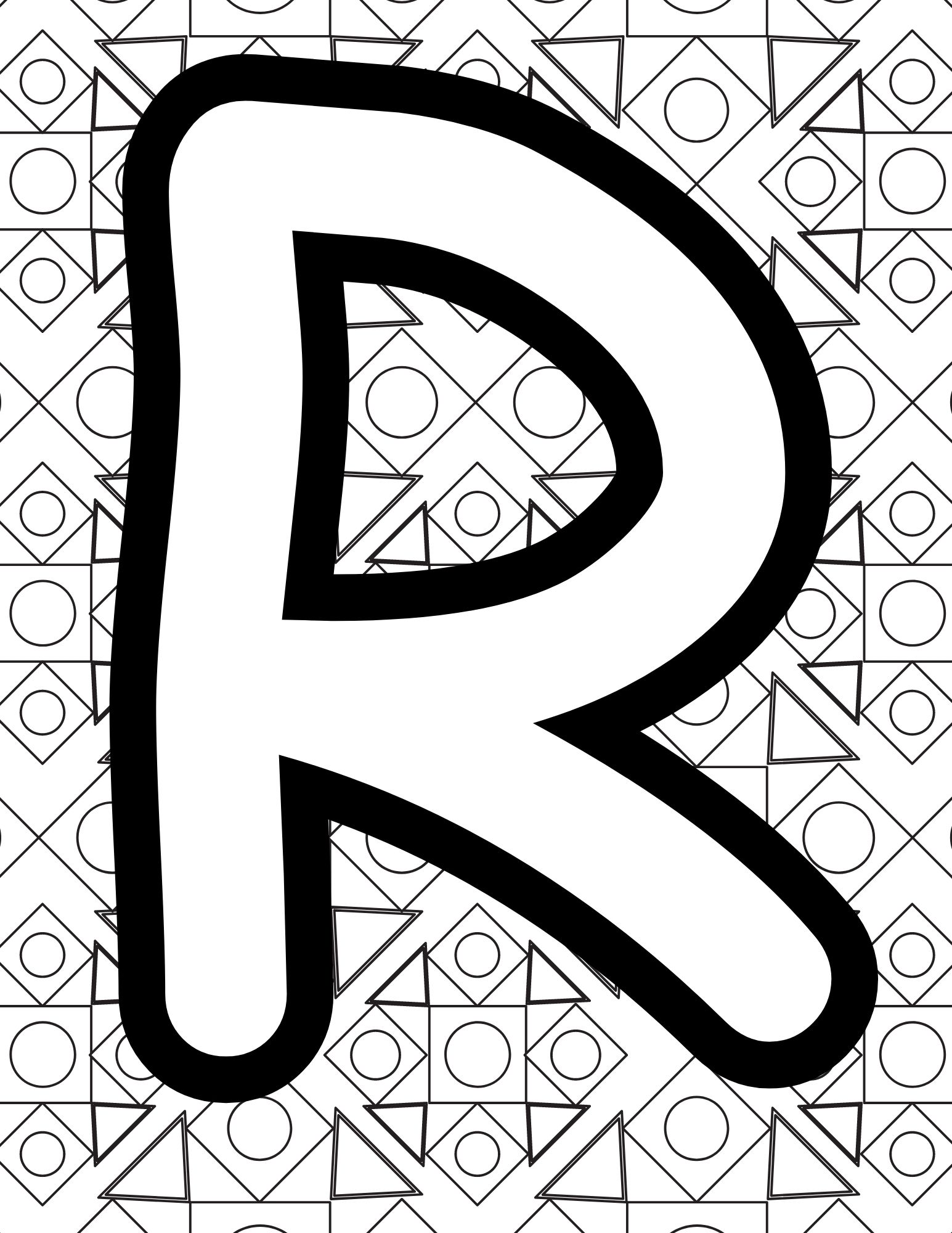 Alphabet Coloring Page R - Line drawing of the letter R with patterned background