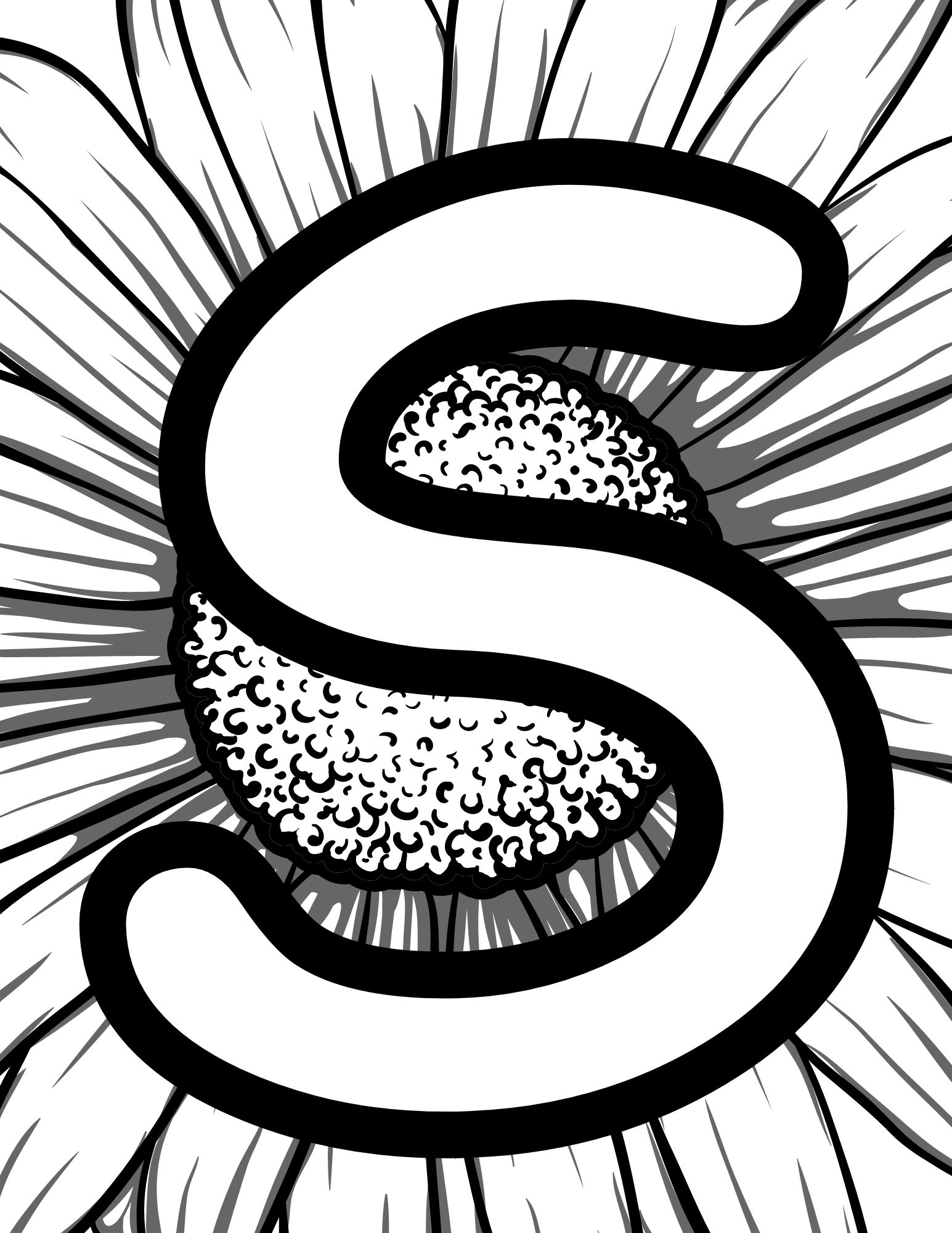 Alphabet Coloring Page S - Line drawing of the letter S with patterned background