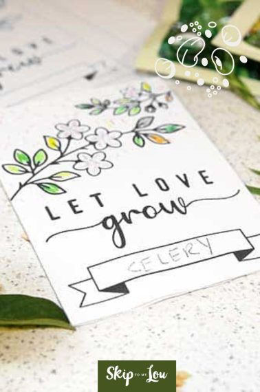 Printed seed packet printable that says "Let love grow" and "celery"