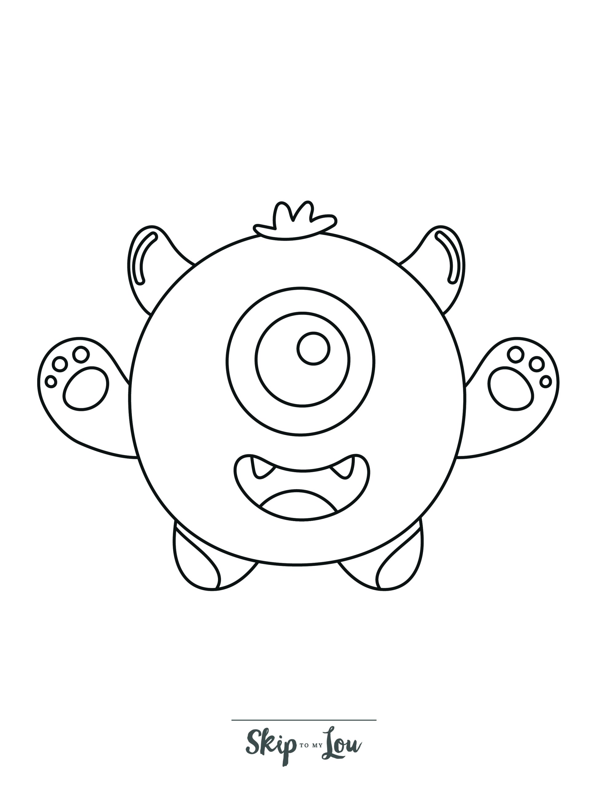 Monster Coloring Page 4 - Line drawing of a round monster with a happy smile and one eye