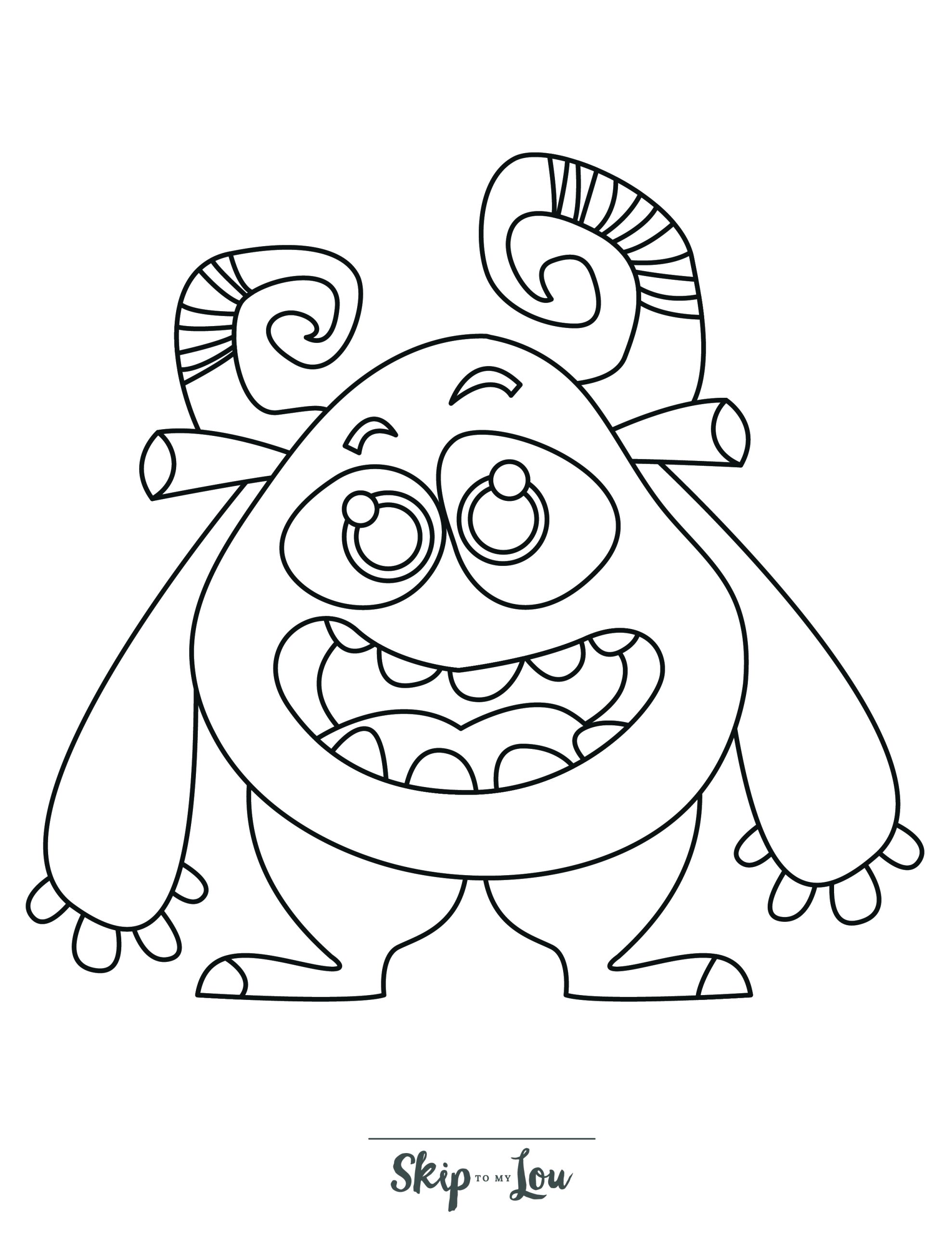 Monster Coloring Page 6 - Line drawing of a monster with two curled horns and a big mouth