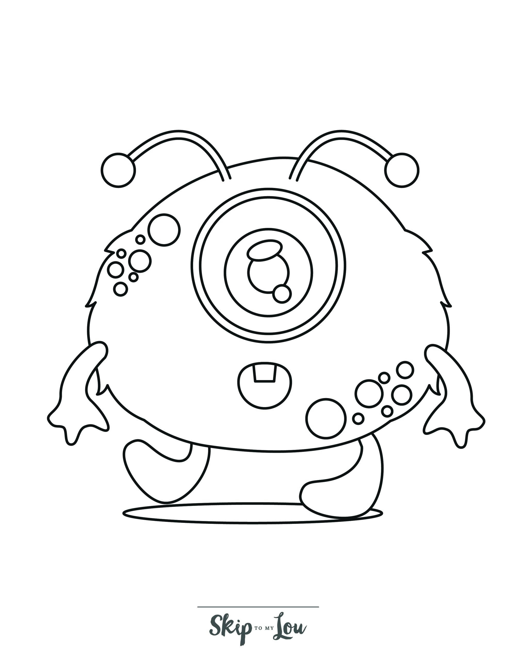 Monster Coloring Page 10 - Line drawing of furry monster with one eye and antennae