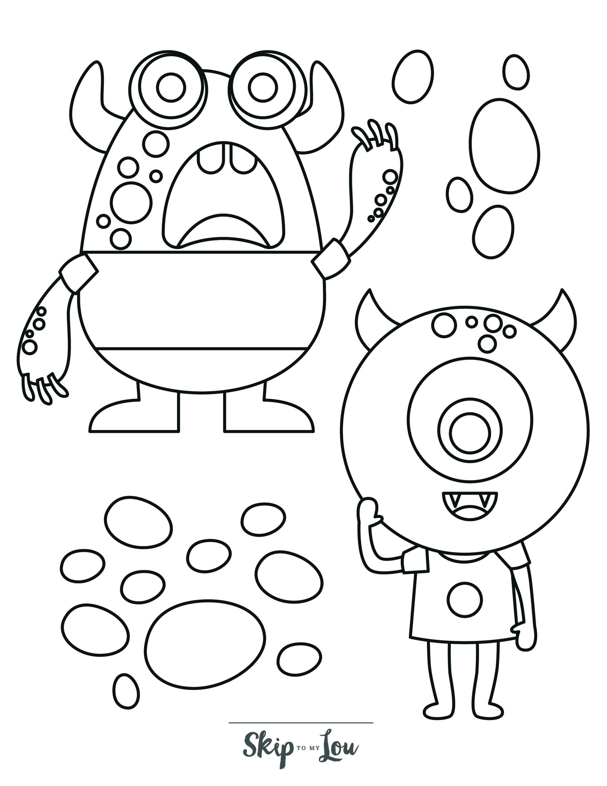 Monster Coloring Page 11 - Line drawing of two cute monsters waving to each other