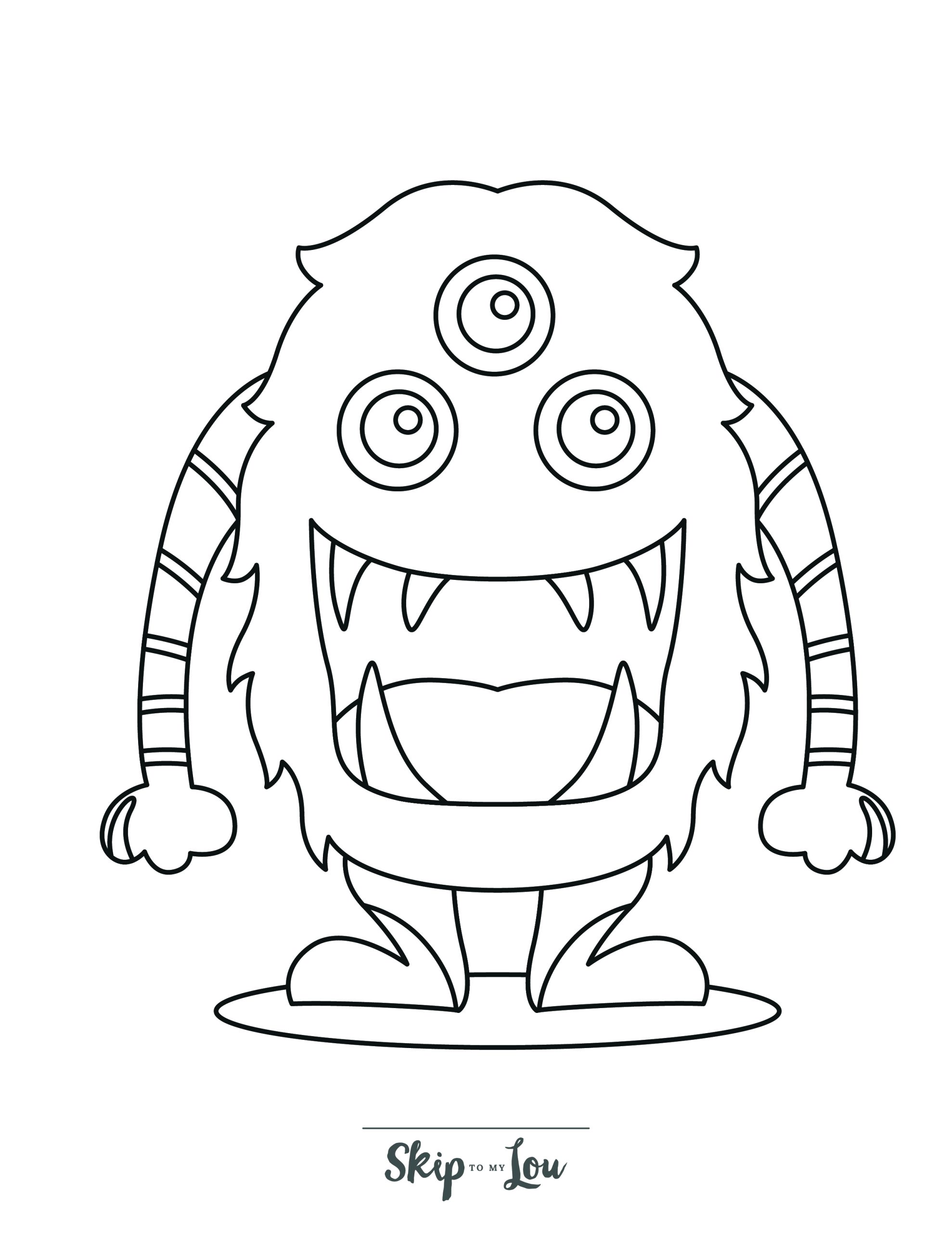 Monster Coloring Page 1 - Line drawing of a monster with big teeth and three eyes