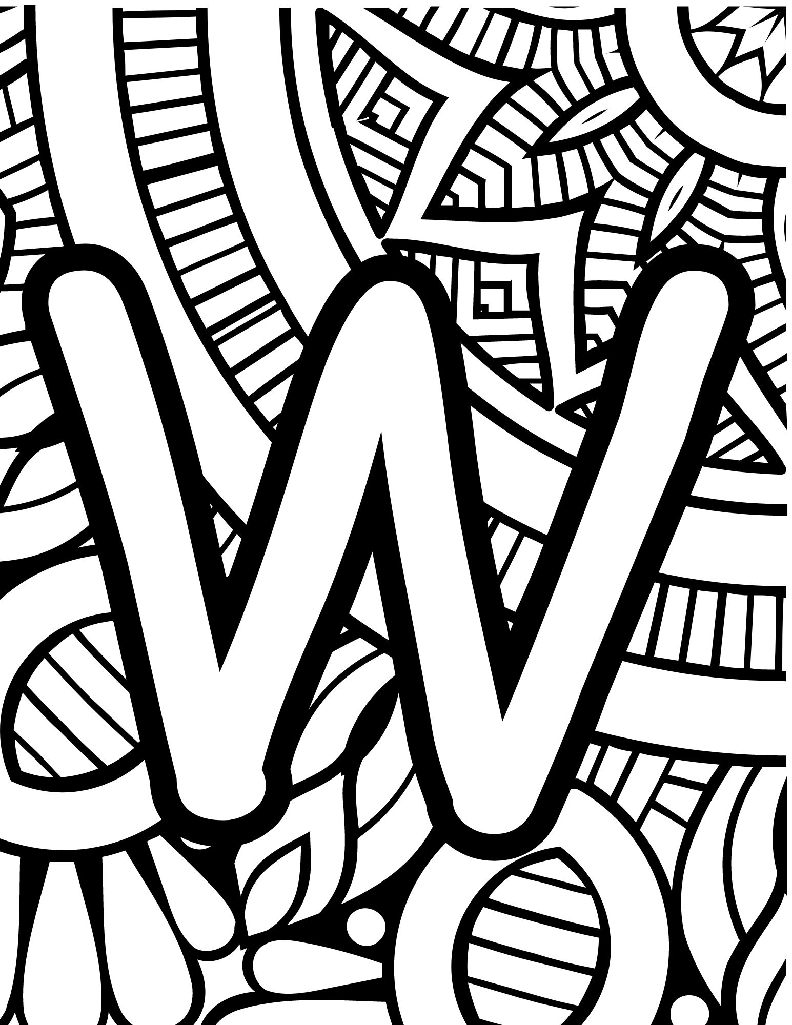 Alphabet Coloring Page W - Line drawing of the letter W with patterned background