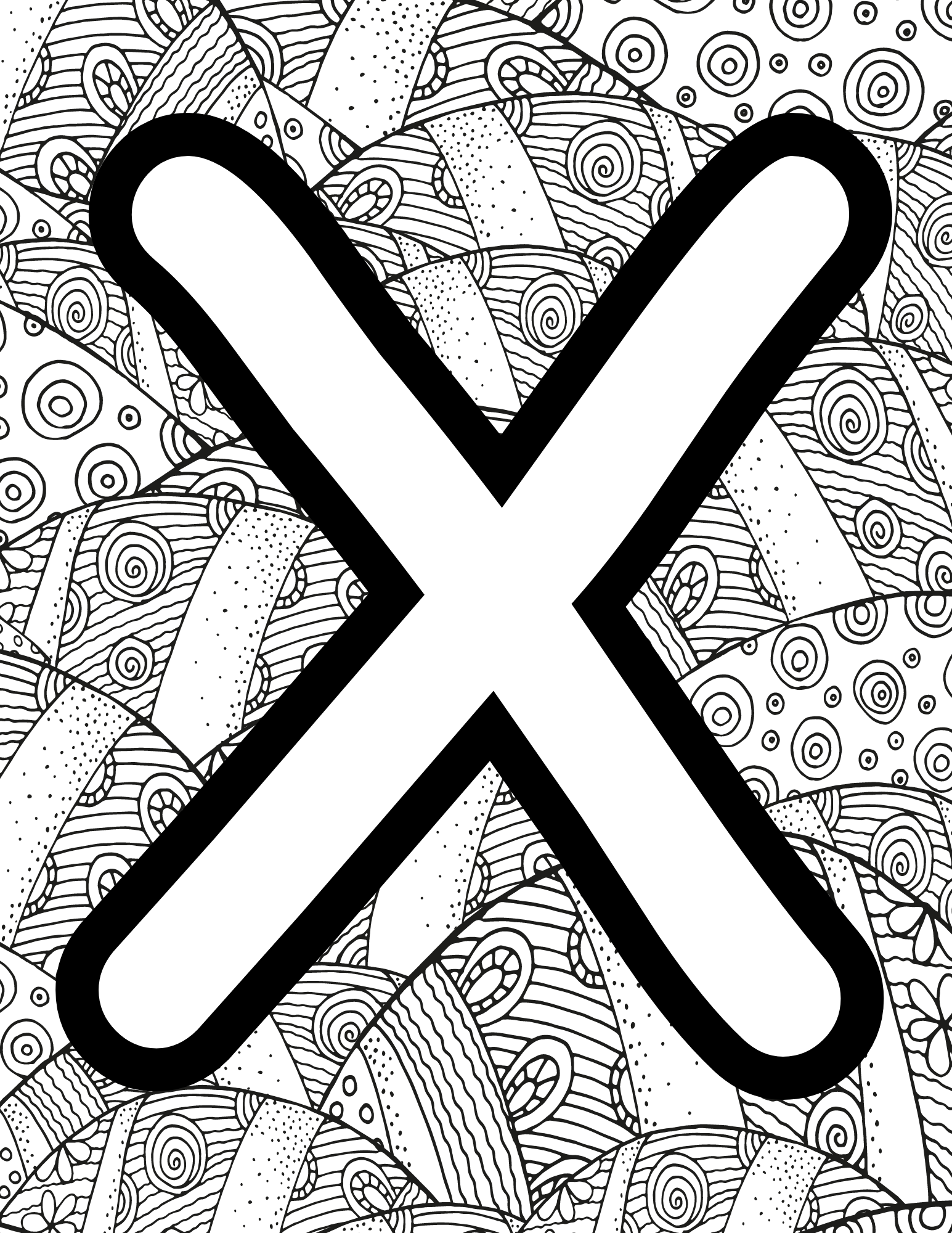 Alphabet Coloring Page X - Line drawing of the letter X with patterned background