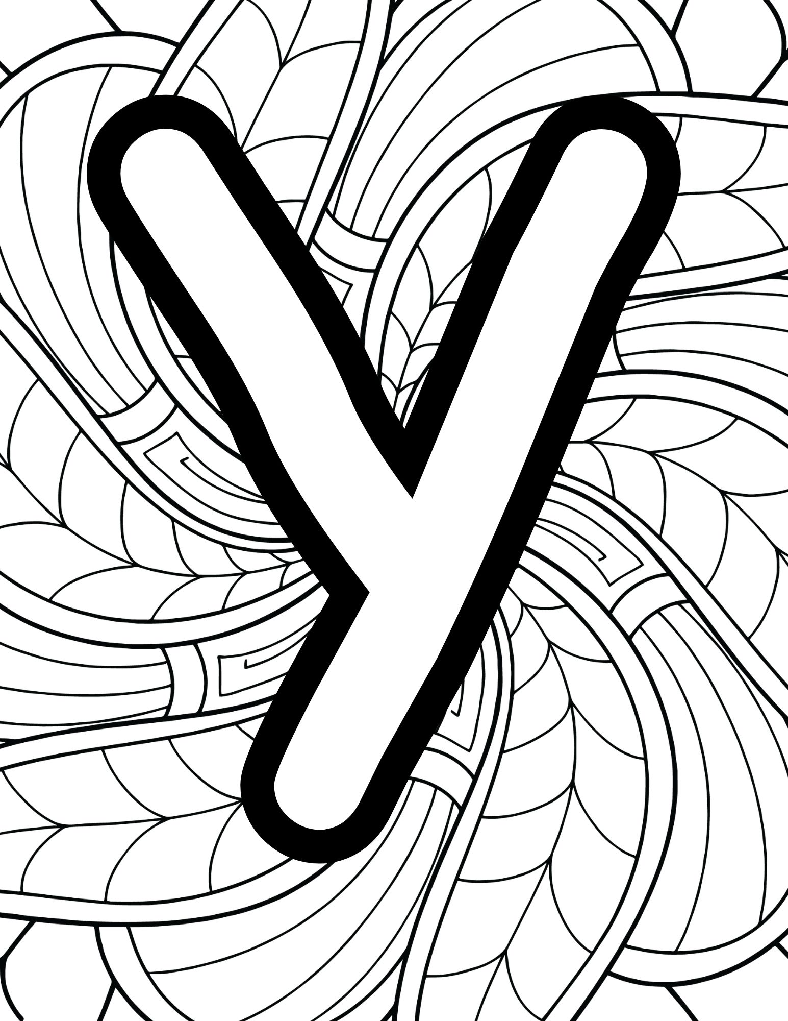 Alphabet Coloring Page Y - Line drawing of the letter Y with patterned background