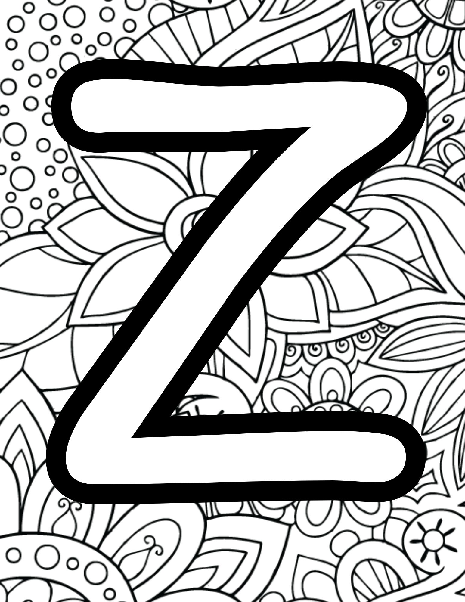 Alphabet Coloring Page Z - Line drawing of the letter Z with patterned background