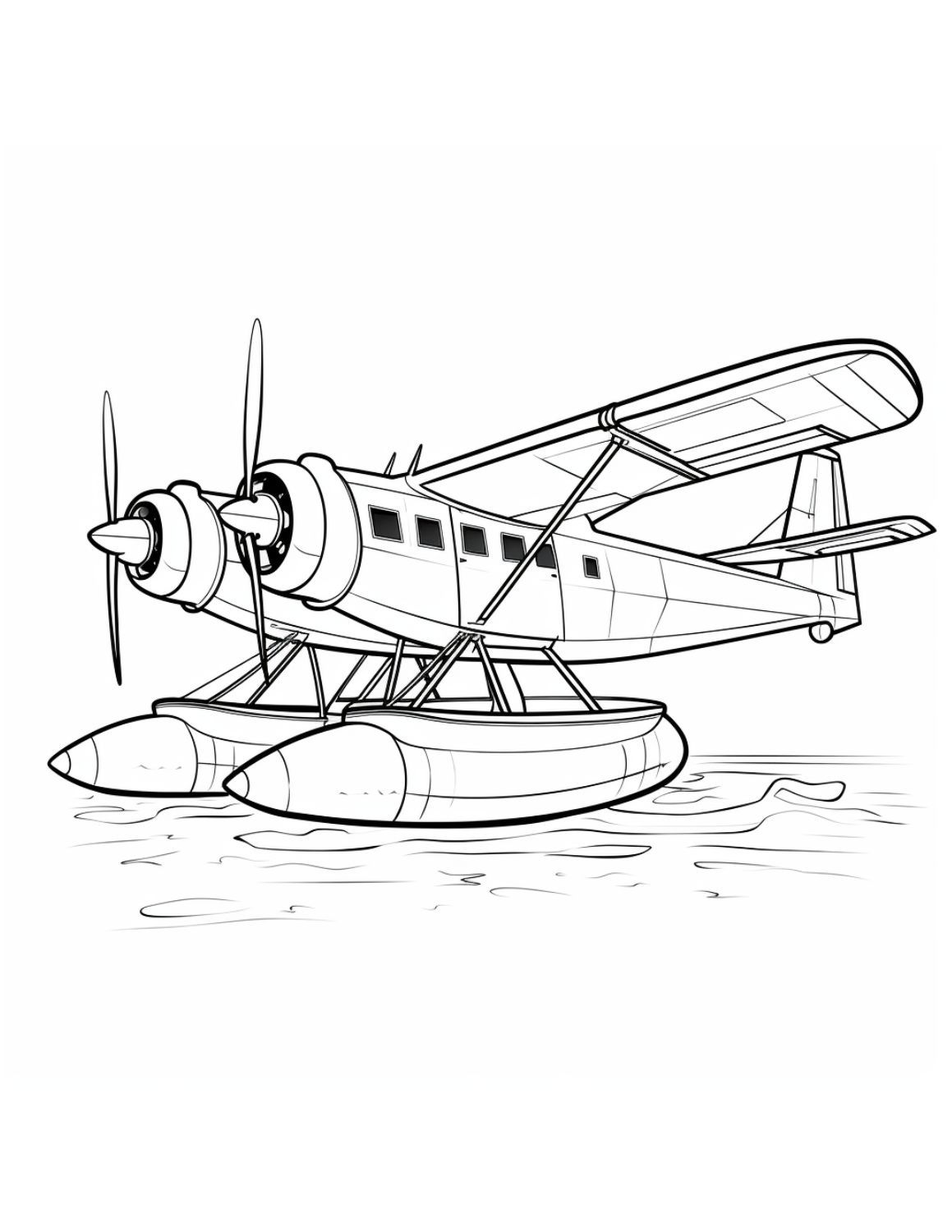 Airplane Coloring Page 12 - Boat plane with two front propellers and pontoons for floating