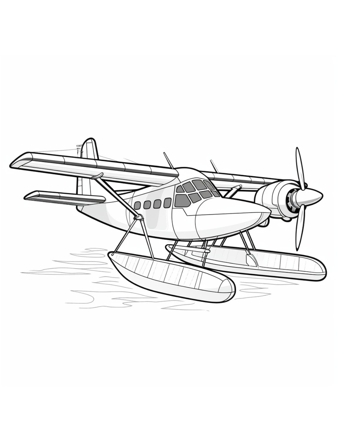 Airplane Coloring Page 13 - Boat plane with pointed front, one propeller on wing, and floating pontoons