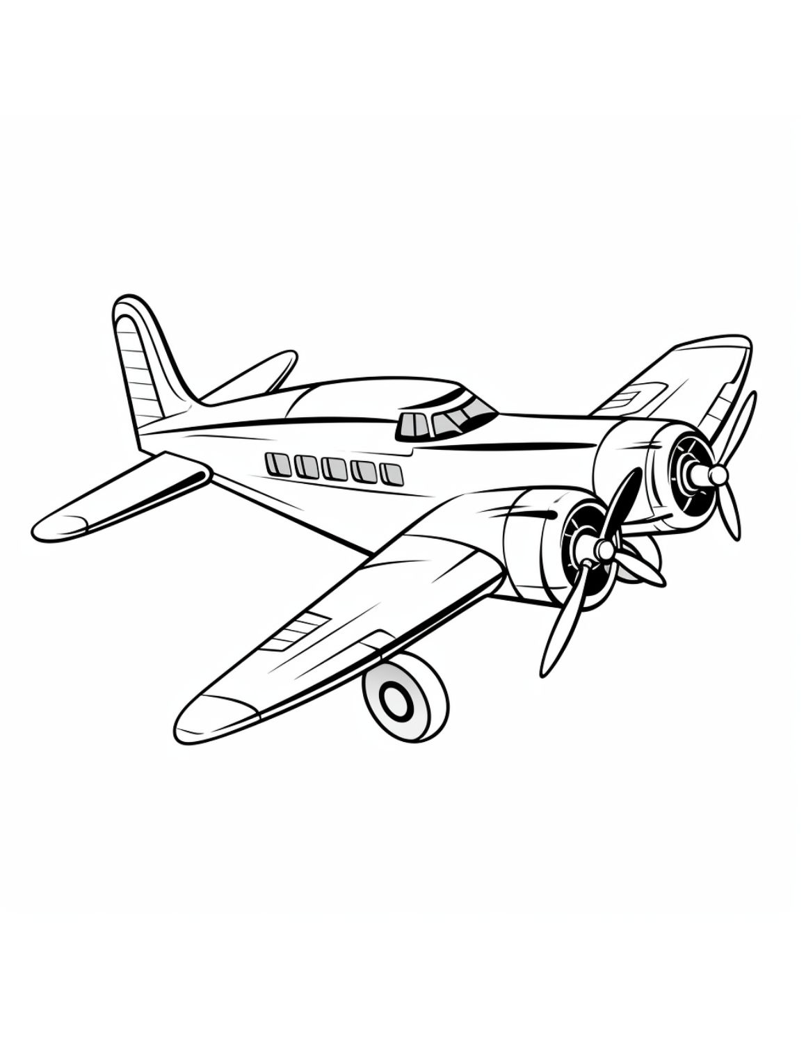 Airplane Coloring Page 8 - Plane with double propellers on front with windows and wheel